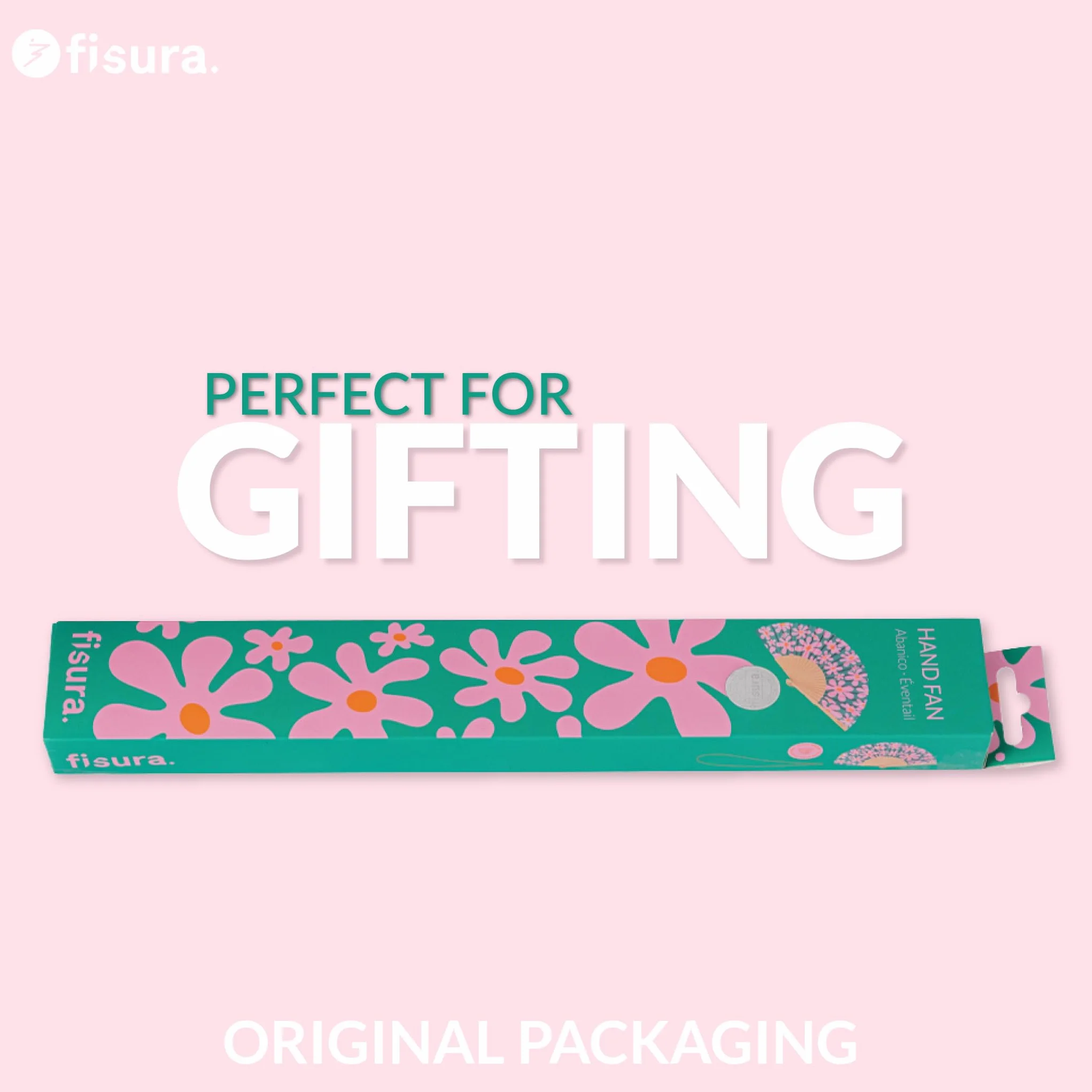 Fisura – Oryginalny wachlarz z retro kwiatowym wzorem, elegancki i modny. Drewniany model w różowo-zielonej kolorystyce. Zawiera praktyczny pasek. Wymiary: 42,5 x 23 cm