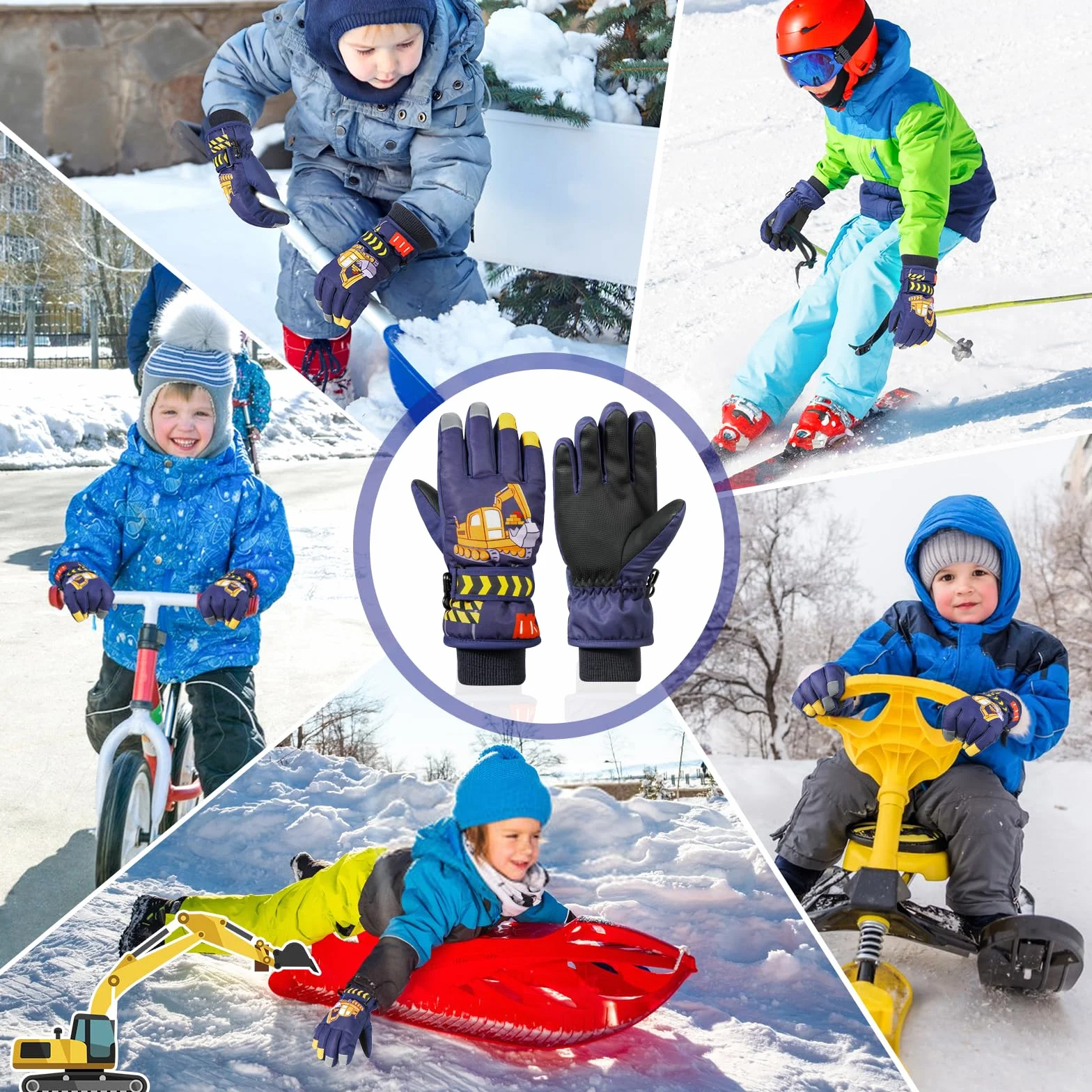 QKURT Dziecięce rękawice narciarskie, wodoodporne zimowe rękawiczki narciarskie, rękawiczki narciarskie Bulldozers, dziecięce rękawiczki narciarskie do sań snowboardowych dla dziewczynek i chłopców w