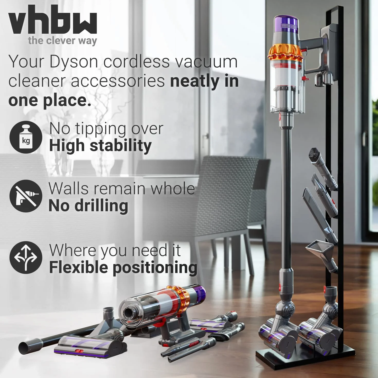 vhbw Stojak na odkurzacz, kompatybilny z Dyson V15 Detect Absolute, V15 Detect Complete, V6 odkurzacz akumulatorowy, odkurzacz ręczny, ciemnoszary