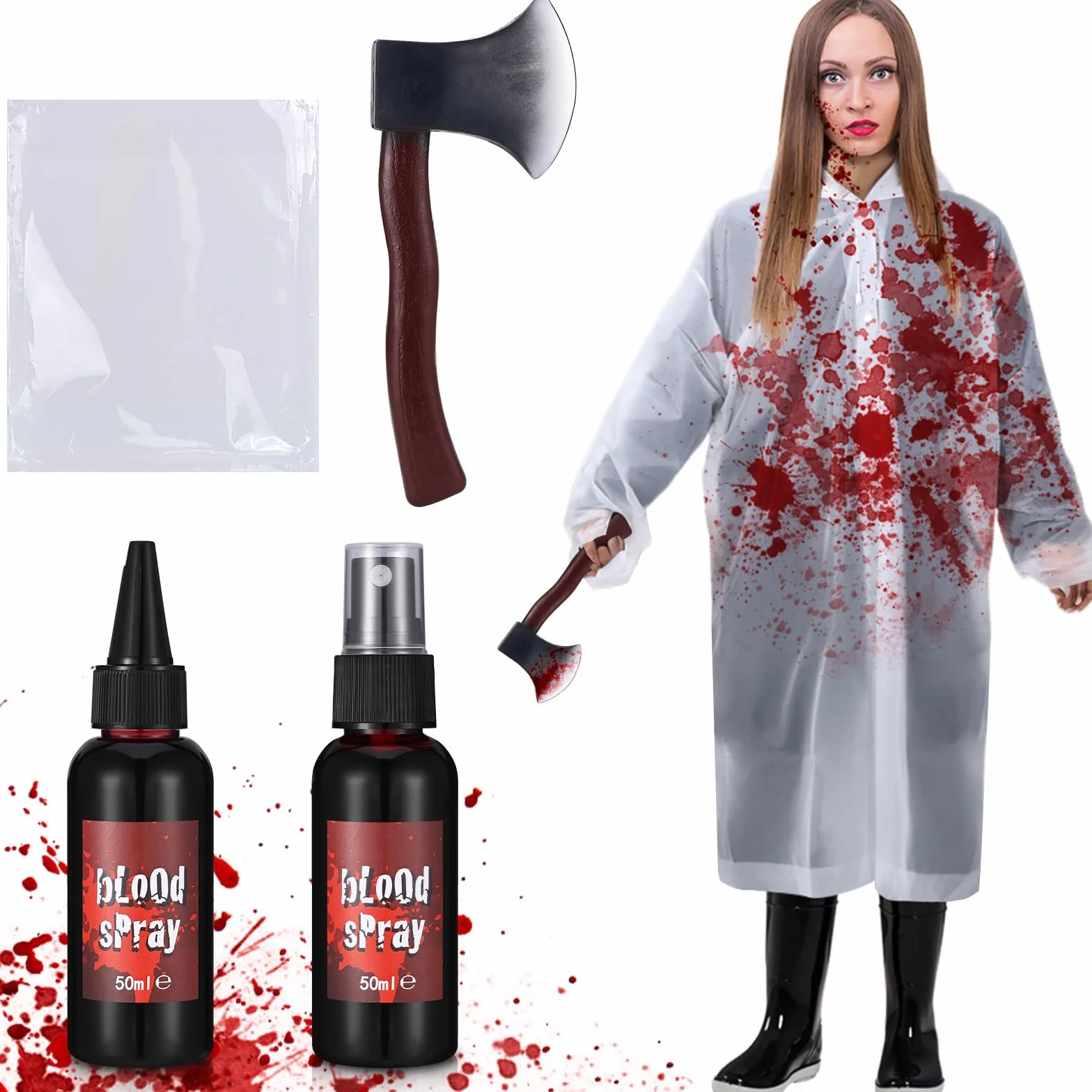 Akcesoria do kostiumu na Halloween, sztuczny strumień krwi, kapiący żel do krwi, płaszcz przeciwdeszczowy, pianka, siekiera, impreza cosplay, straszny horror, przebranie dla dorosłych