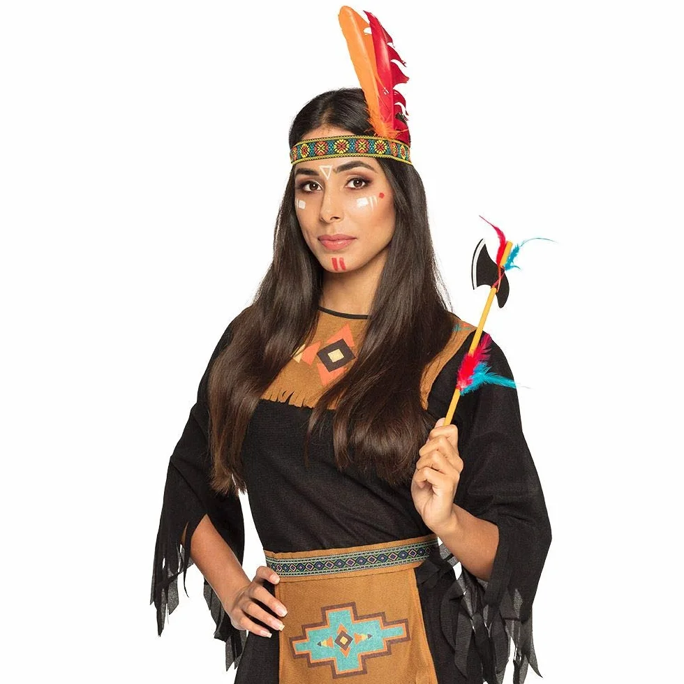 Boland 44093 - Zestaw indiaDski, opaska i topór, dBugo[ 35 cm, tomahawk, wielokolorowy, rozcigliwy, ozdobiony piórami, wódz, dziki zachód, kostium, karnawaB, impreza tematyczna
