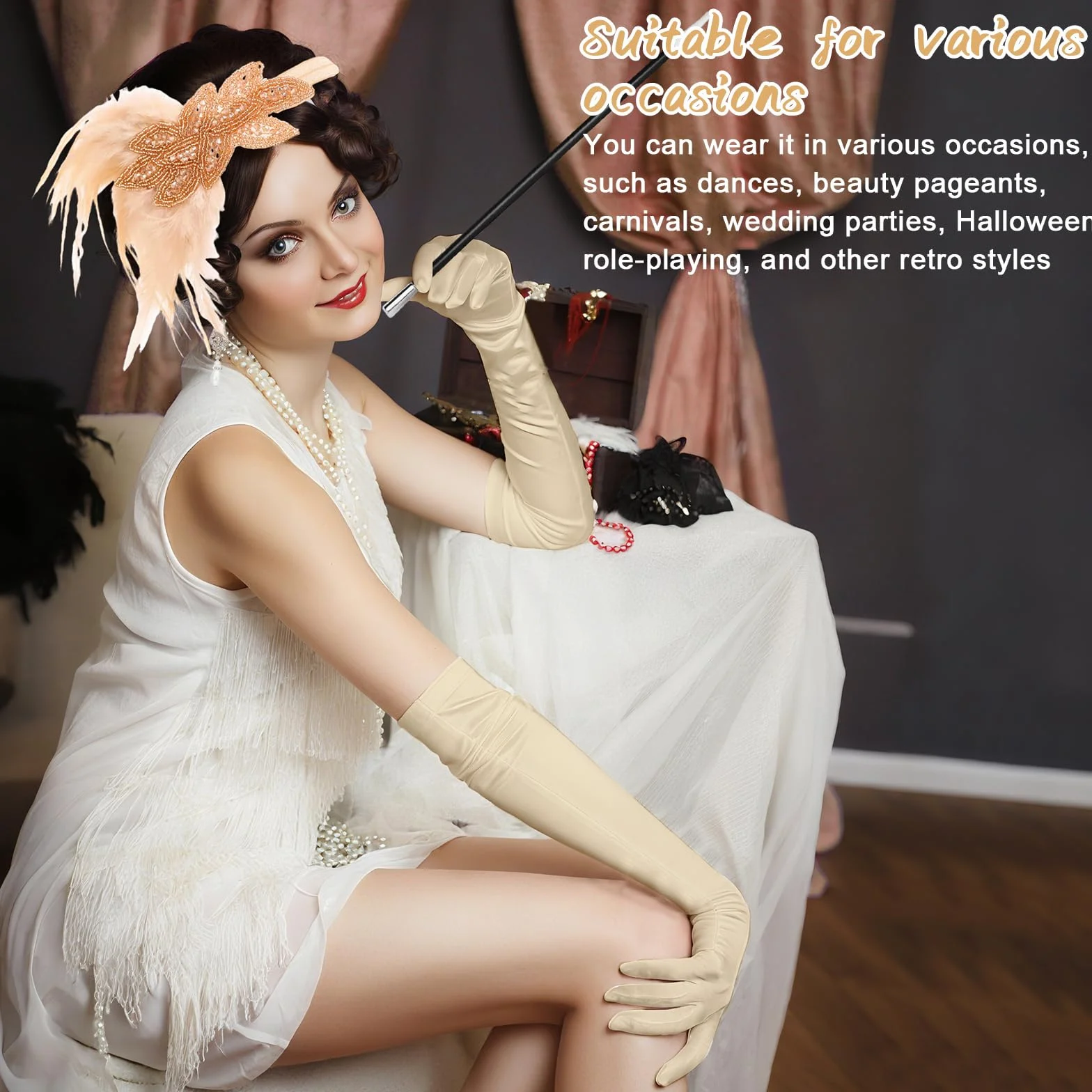 CHRI 7-częściowy zestaw akcesoriów kostiumowych damskich z lat 20., akcesoria Great Gatsby dla kobiet, 1920, kostium karnawałowy, ozdoba głowy z piór