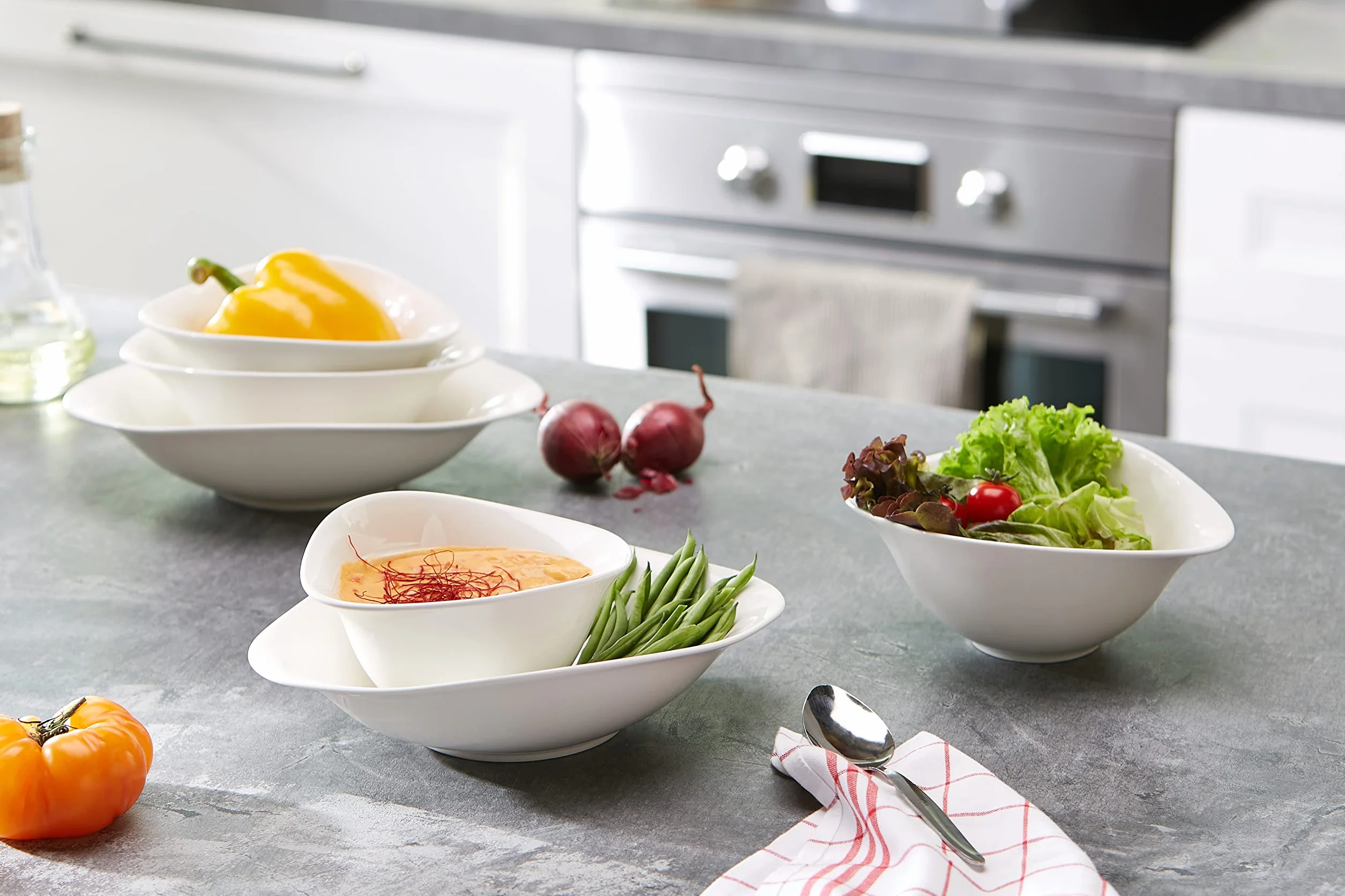 Villeroy & Boch – Vapiano zestaw misek Trio, 6-cz. zestaw naczyń, idealny do obiadu dla dwóch osób, porcelana Premium, można myć w zmywarce, można używać w kuchence mikrofalowej, kolor biały