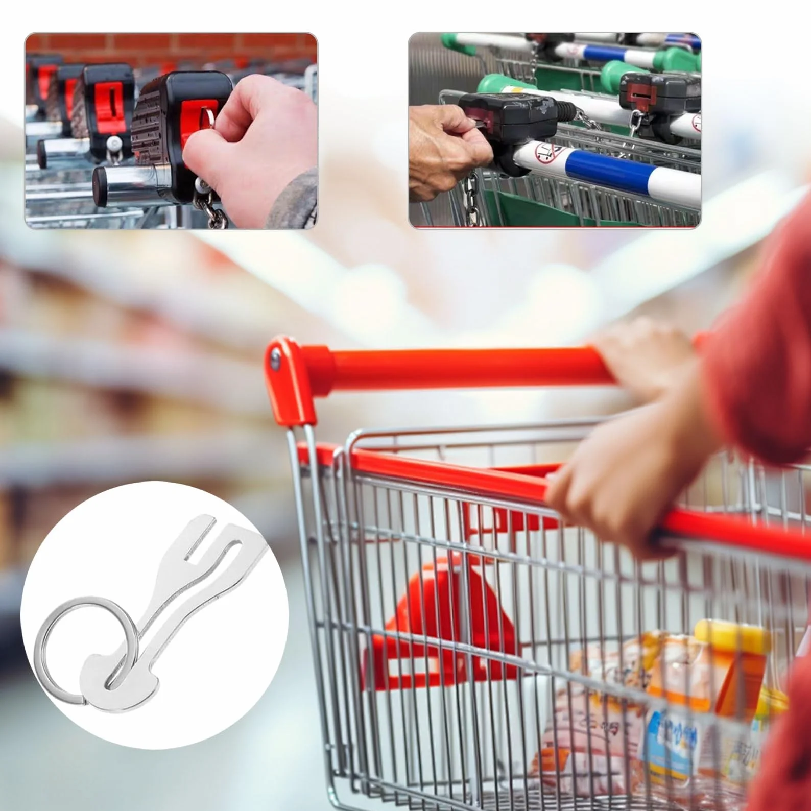 4 sztuki bez wzoru srebrne metalowe odblokowywacze do wózków na zakupy, stal nierdzewna, wielokrotnego użytku, kółko na klucze, brelok, chip do zakupów, chip do wózka na zakupy bez wzoru
