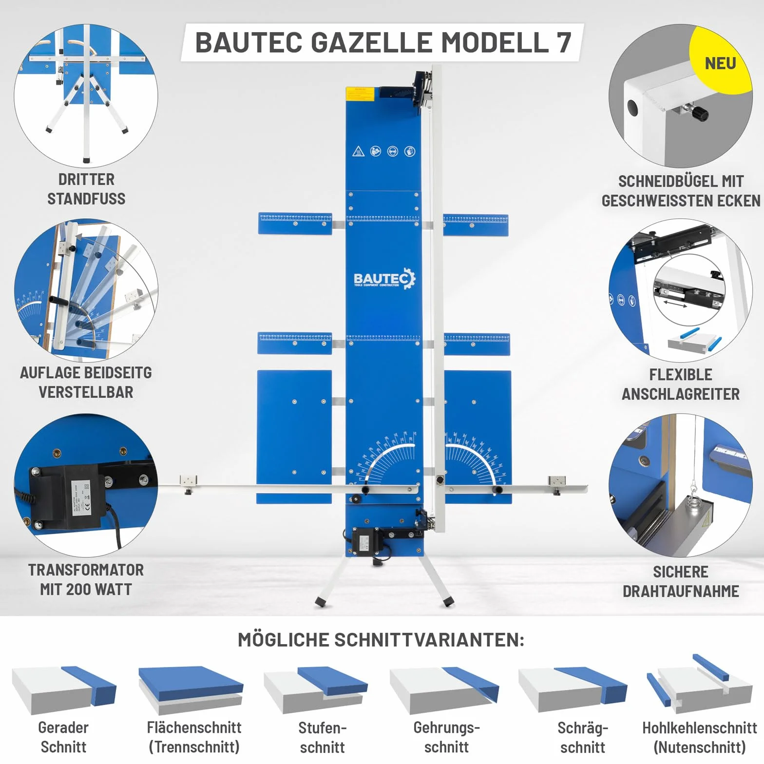 BAUTEC GAZELLE model 7 "Butterfly" » krajalnica do styropianu 200 W / 1300 mm » zestaw zawiera 10 drutów tnących, miękka torba, uchwyt rusztowania, uchwyty styropianowe » przecinak do gorącego drutu