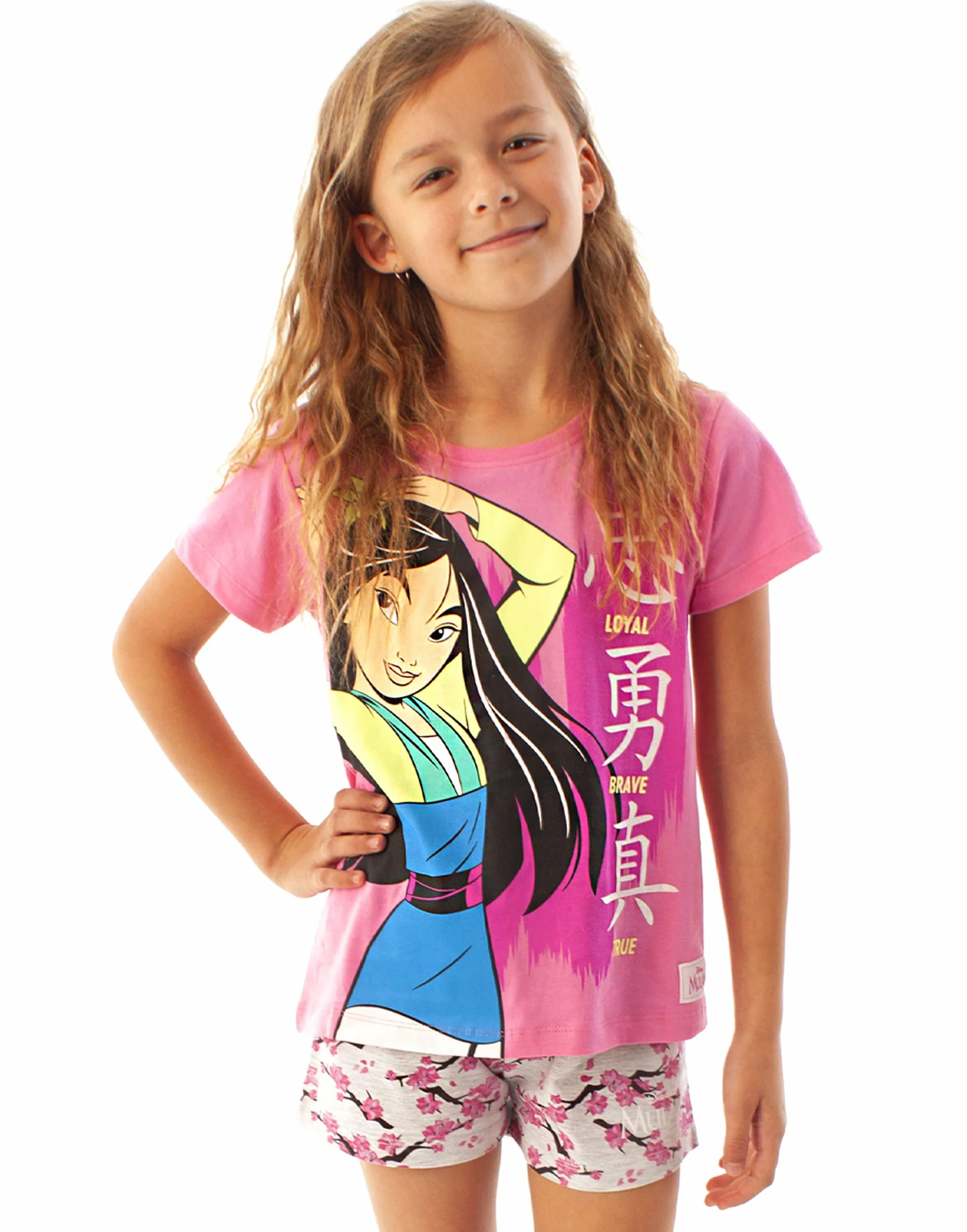Mulan Disney piżama Loyal Brave True Girl's różowa koszulka i szorty piżamy zestaw odzieży nocnej
