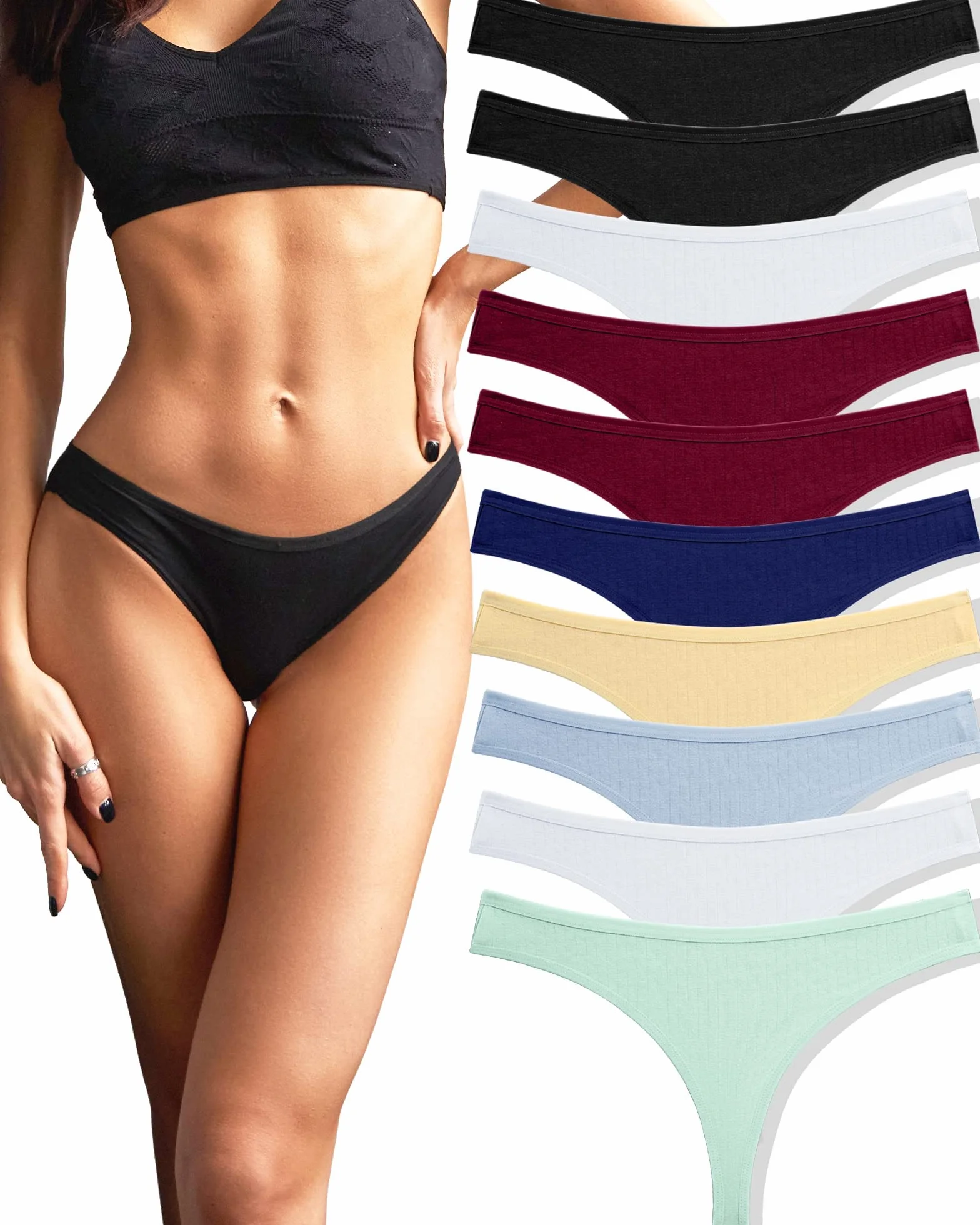 FINE TOO Zestaw 10 par stringów, tanga, damskie, bawełniane, seksowne, bielizna dla kobiet, bielizna, stringi, wielopak. S-XL, wielokolorowa, S