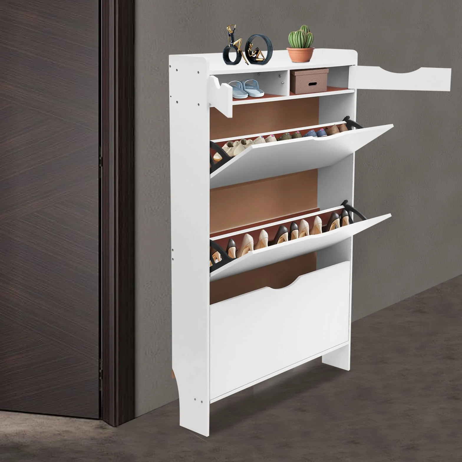 Szafka na buty wąska 3 klapy 4 półki biała 80x17x125 cm
