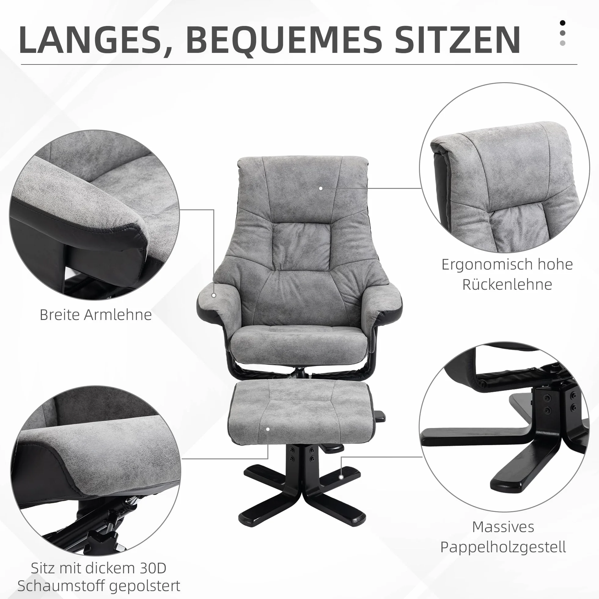 HOMCOM Fotel relaksacyjny z taboretem, obrotowy fotel telewizyjny z funkcją leżenia, tapicerowany fotel do salonu, sypialni, mikrofibra, szary, 78 x 82,5 x 109 cm