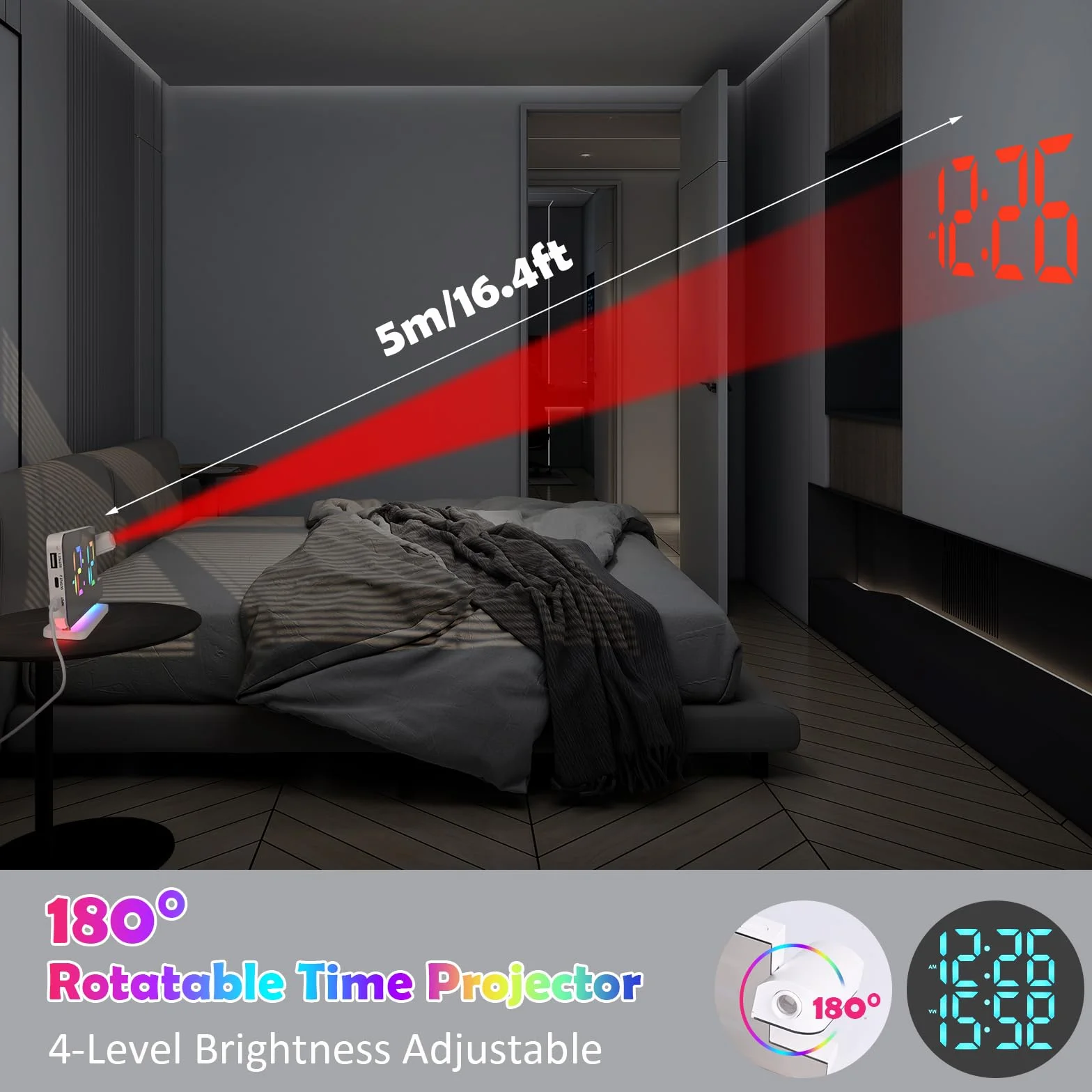 Euakee Budzik Projekcyjny 7,4 Cala LED Zegar Lustrzany 10 Kolorów Światło Nocne Projektor Obrotowy 180° USB-C