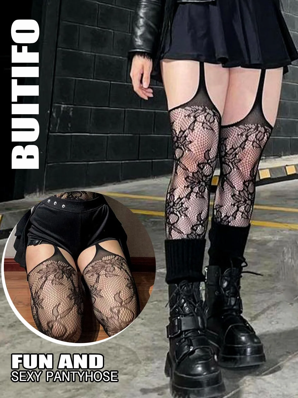 Buitifo Woman Thigh High Garter Stockings Patterned Tights Fishnet Pantyhose (Black ZHua,M)
