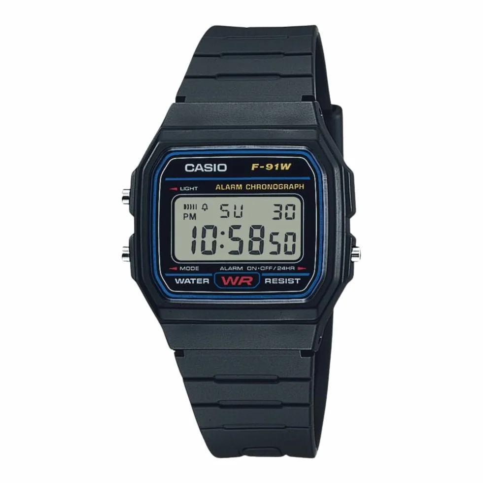 Casio Klasyczny zegarek kwarcowy z serii F91W | wodoodporny | stoper 1/100 sekundy | codzienny alarm | sygnał godzinowy | kalendarz automatyczny | obudowa SS | format 12/24-godzinny