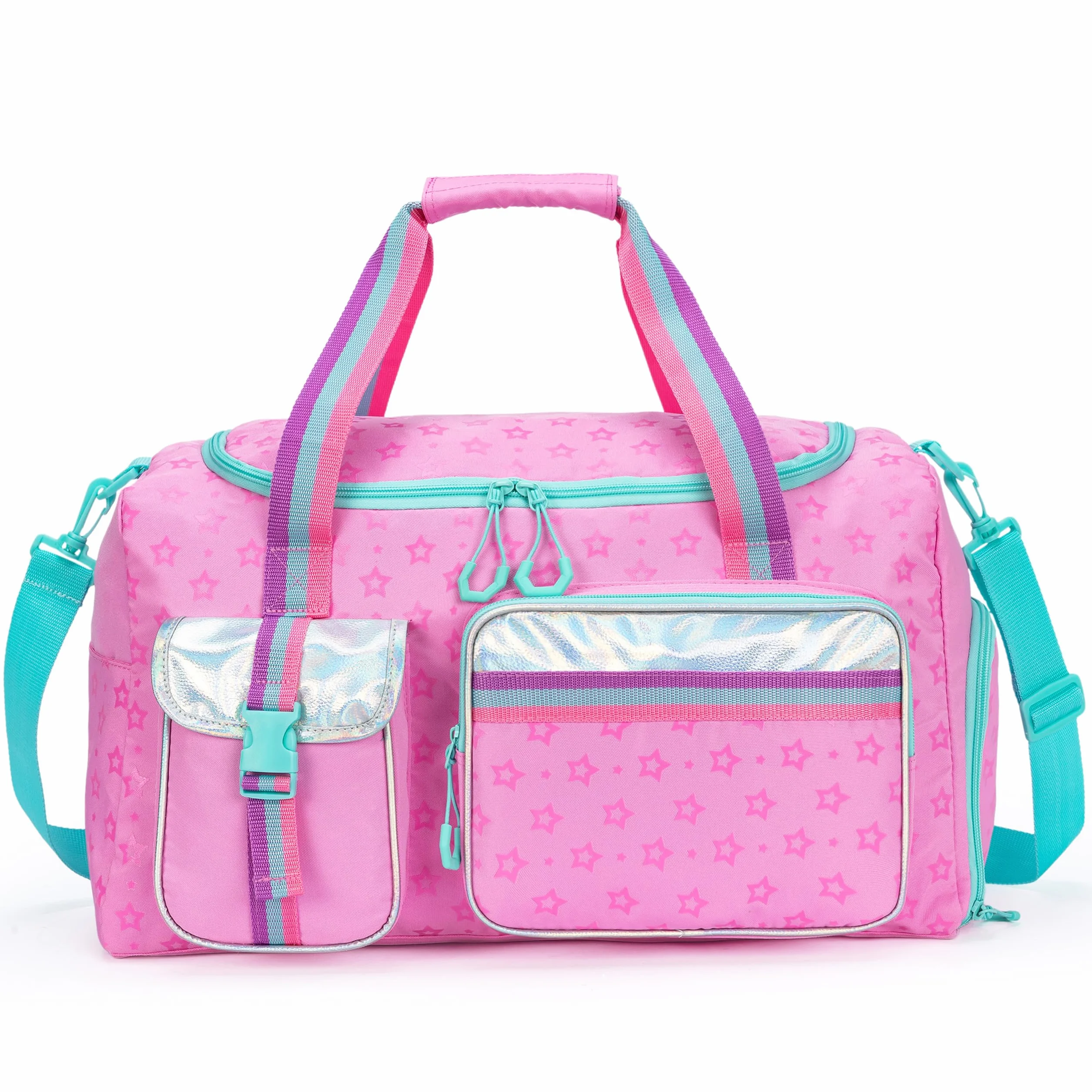 HTgroce Torba sportowa dziewczęca torba na basen torba podróżna weekend plaża piłka nożna siłownia z przegrodą na buty, Różowa gwiazda, 55 * 27 * 22 CM, Torby podróżne