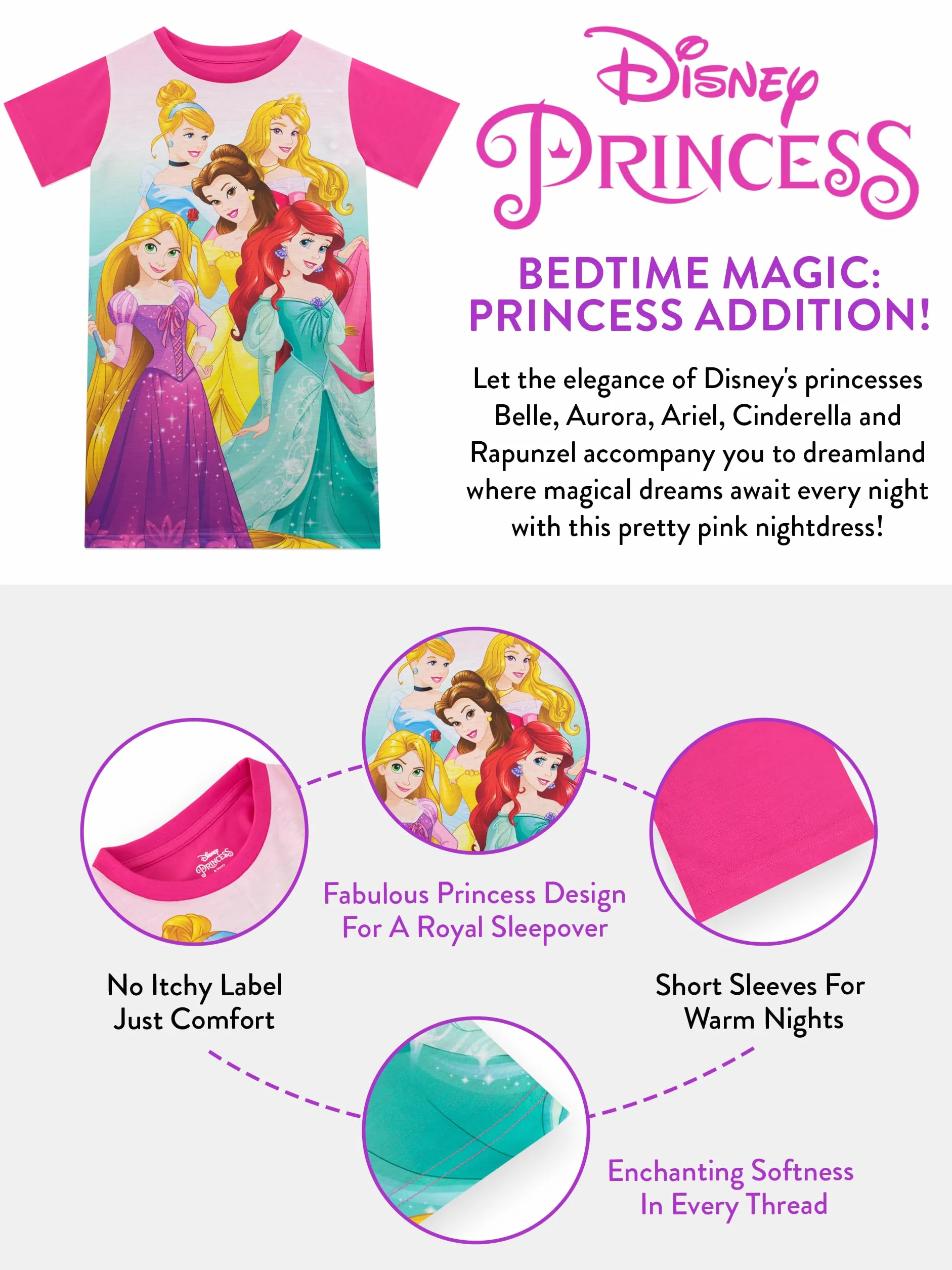 Sukienka na Noc Disney Princess | Kopciuszek, Śpiąca Królewna, Roszpunka, Arielka i Bella | Wiek od 18 Miesięcy do 8 Lat