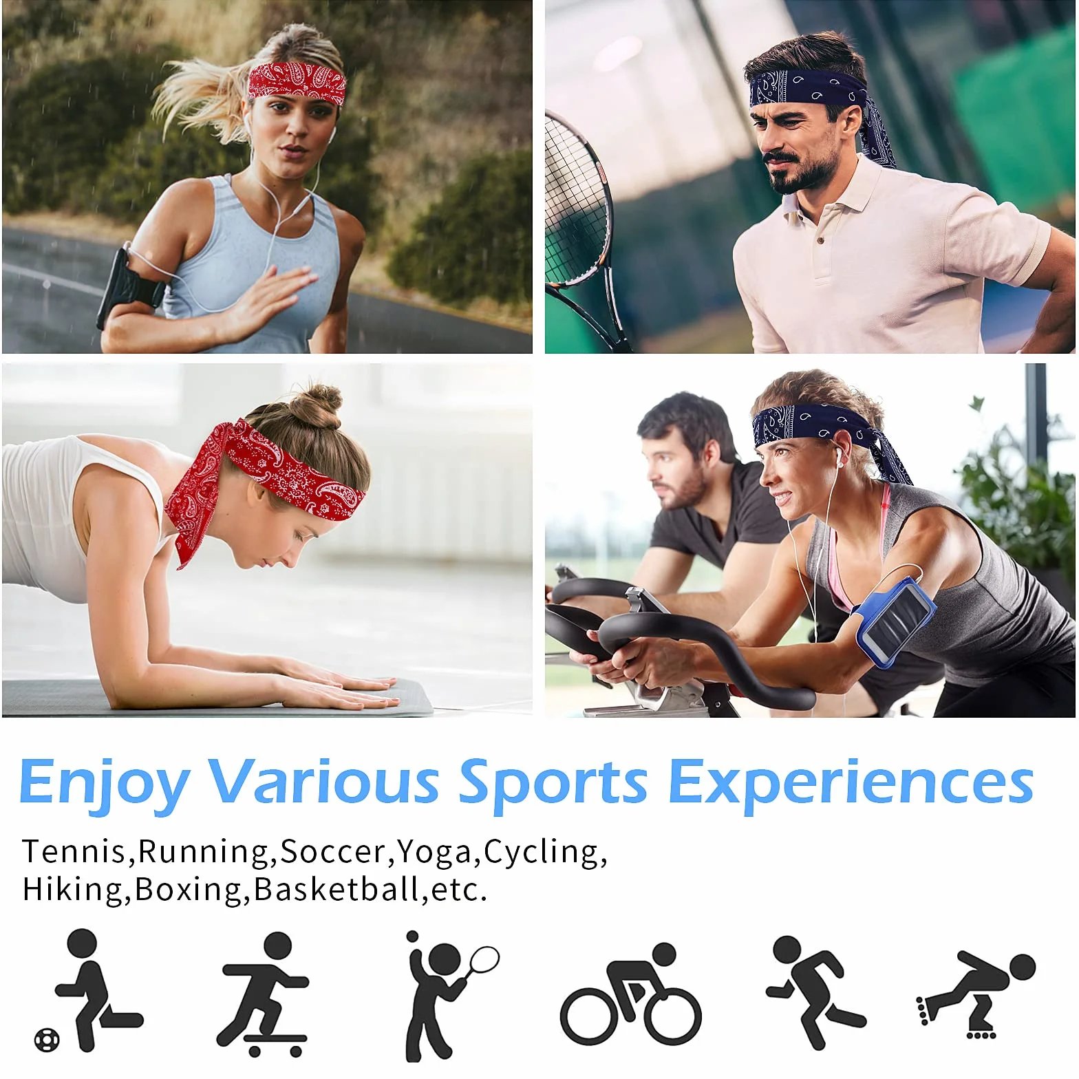 Lusofie Sportowa opaska na głowę, elastyczna bandana sportowa, regulowana bandana piracka, dla mężczyzn, opaski odprowadzające , sportowe, antypoślizgowe, do jogi, odprowadzające wilgoć, 4 szt