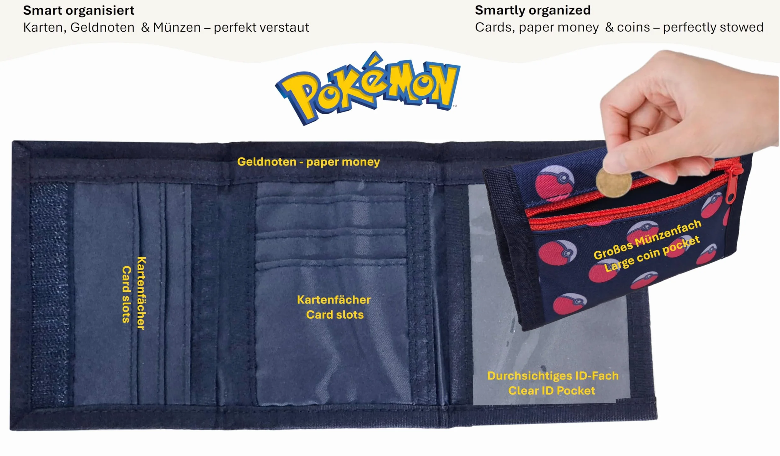 Theonoi Pokémon portfel dziecięcy z motywem Pikachu i Pokéball – oficjalny artykuł dla fanów portfel z kieszenią na monety i zapięciem na rzepy dla chłopców i dziewczynek