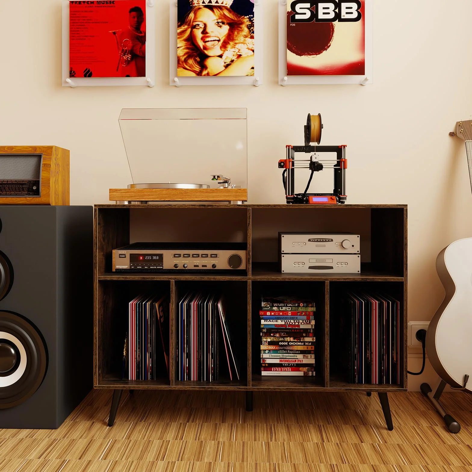 COSTWAY Stojak na gramofon ze stacją ładującą, 4 półki winylowe, szafka, stół do przechowywania płyt