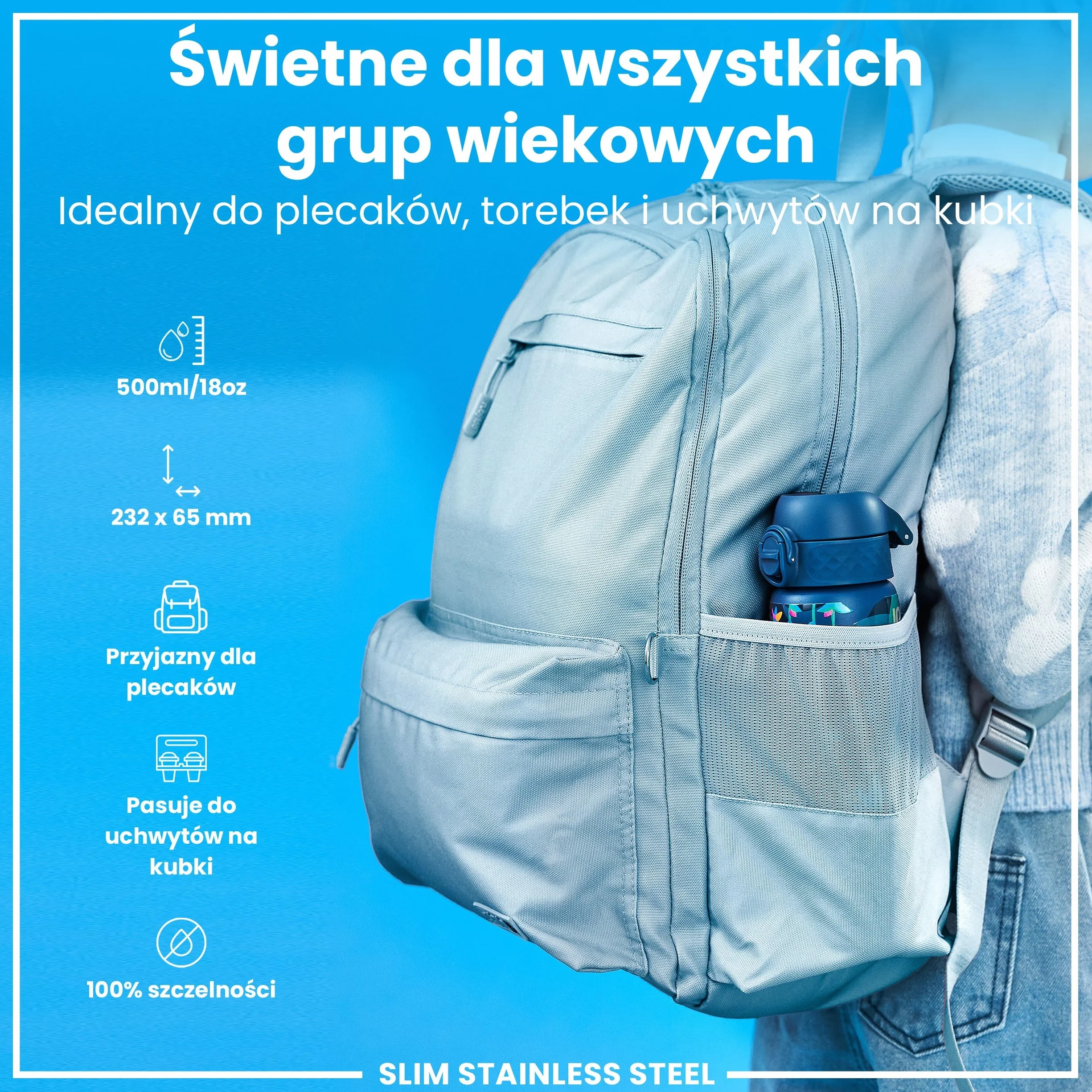 ION8 Butelka na Wodę ze Stali 600 ml Nieocieplany Szczelna Łatwe Otwieranie Bezpieczny Zamek
