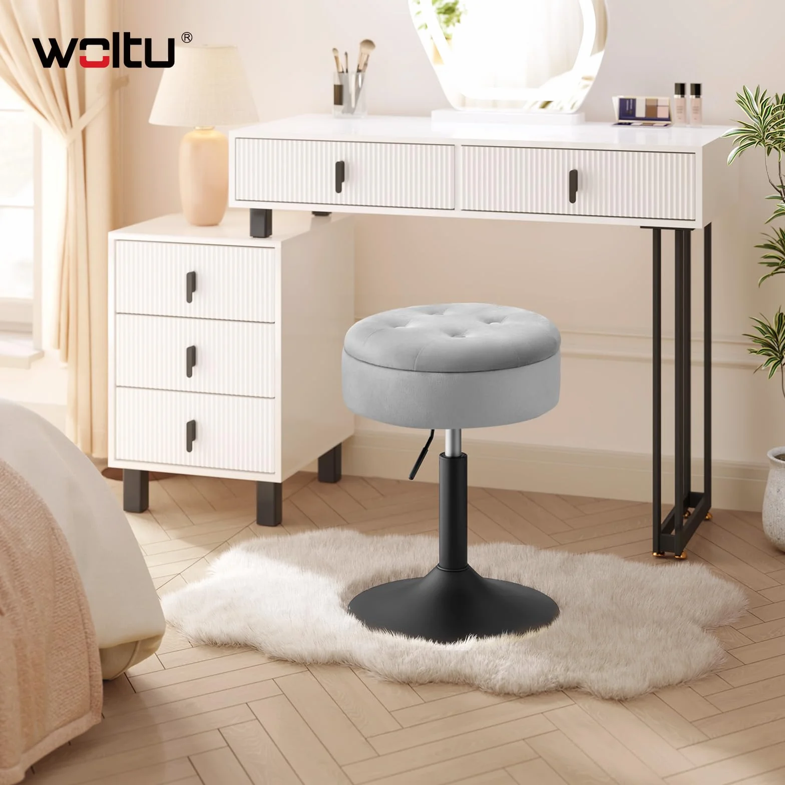 WOLTU Taboret obrotowy 360° aksamitny z przechowywaniem regulowany 49,5-65cm jasnoszary