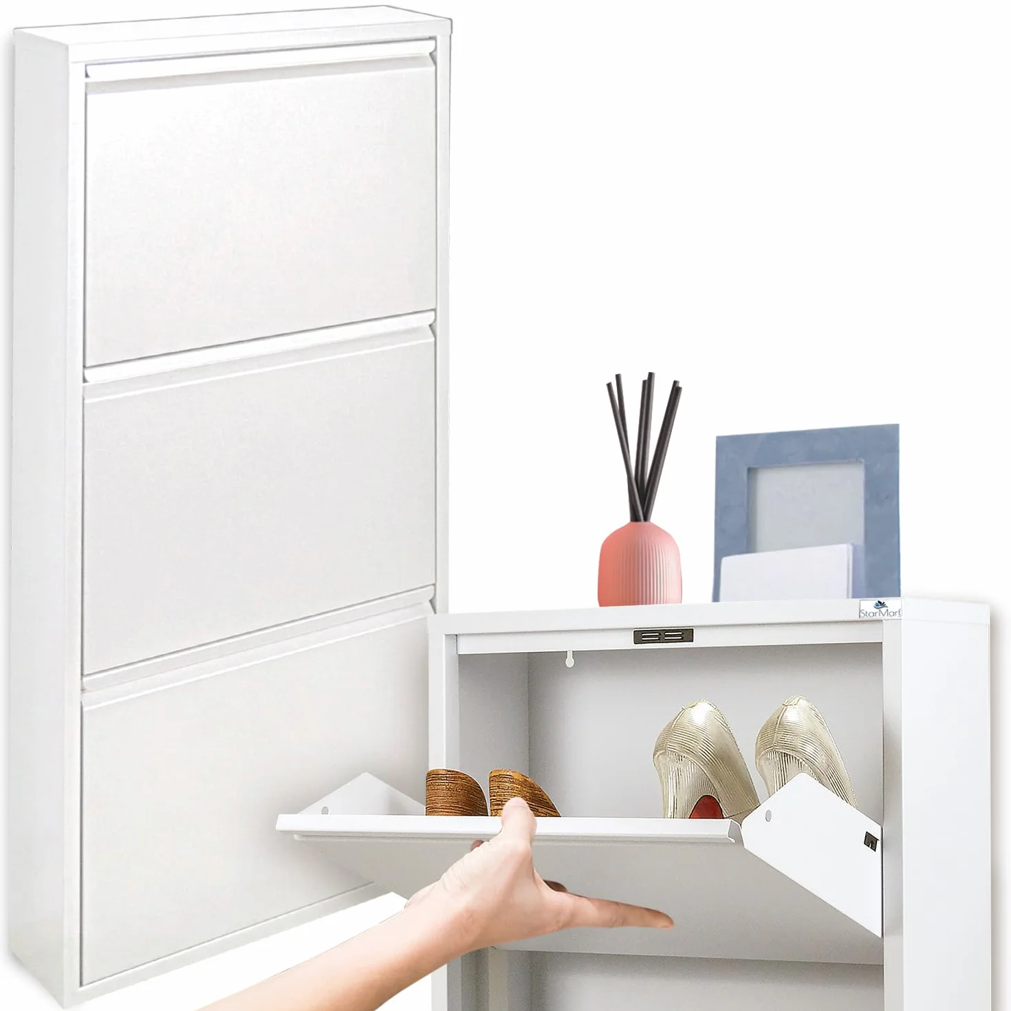 StarMart Szafka na buty Slim 3 drzwiczki biała metal 15 cm 6-9 par