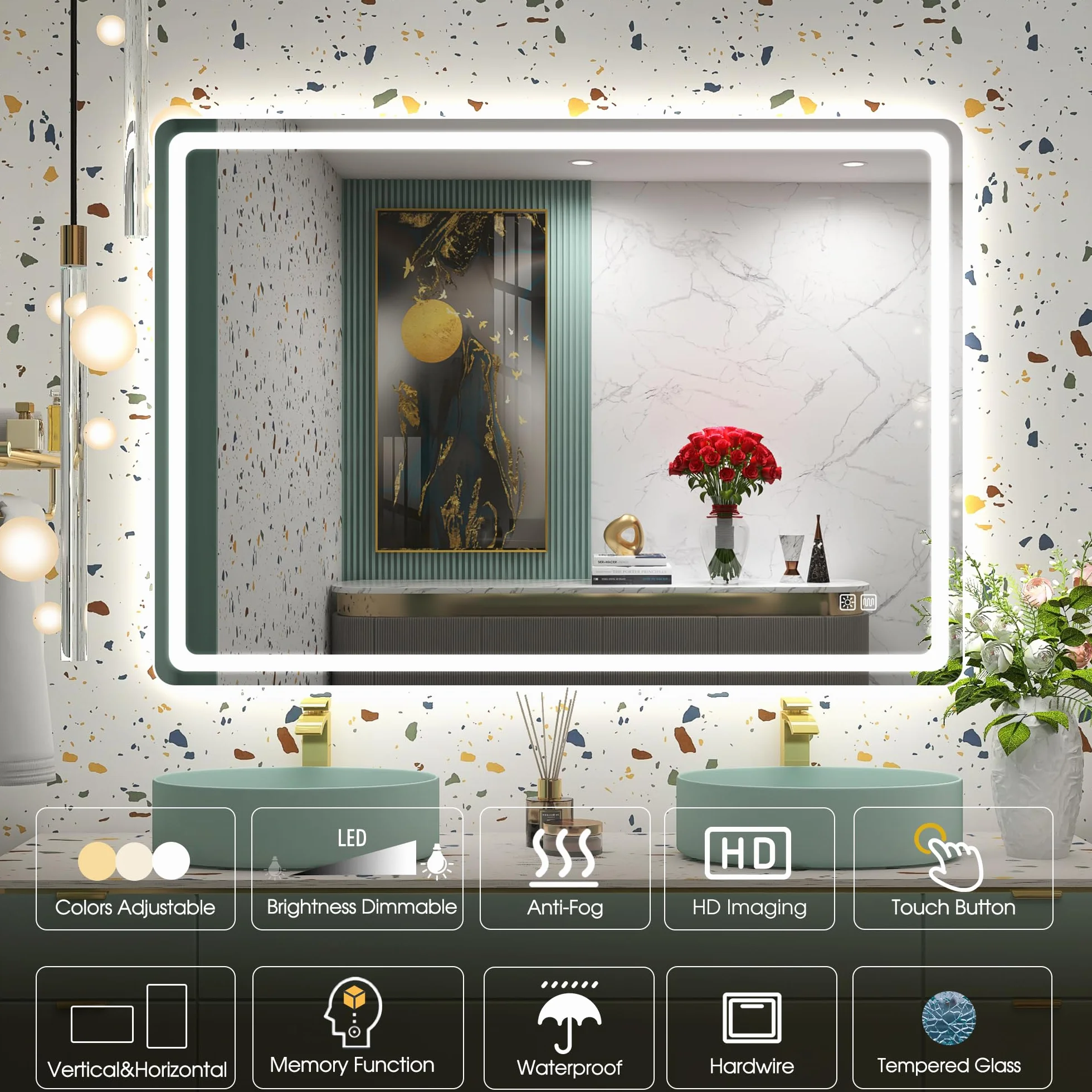STARLEAD Lustro-LED-łazienka z oświetleniem 100x70cm, lustro LED z 3 kolorami światła, przeciwmgielne, ściemnialne, pamięć, IP44, szkło hartowane, poziome/pionowe