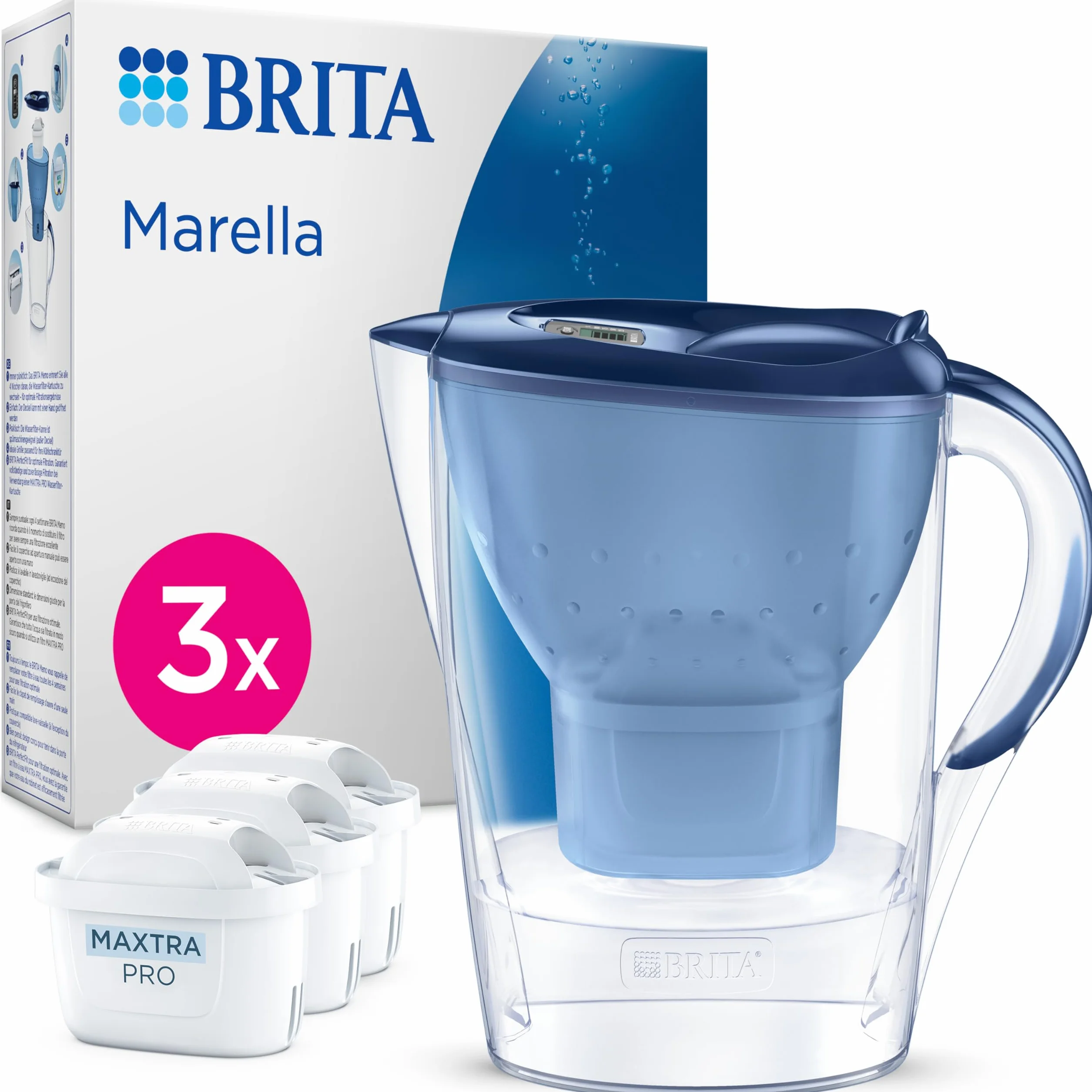 BRITA Dzbanek filtrujący Marella niebieski (2,4 l) z 3 orgyinalnymi filtrami BRITA MAXTRA PRO Pure Performance redukującymi chlor, kamień, PFAS i metale – elegancja i funkcjonalność