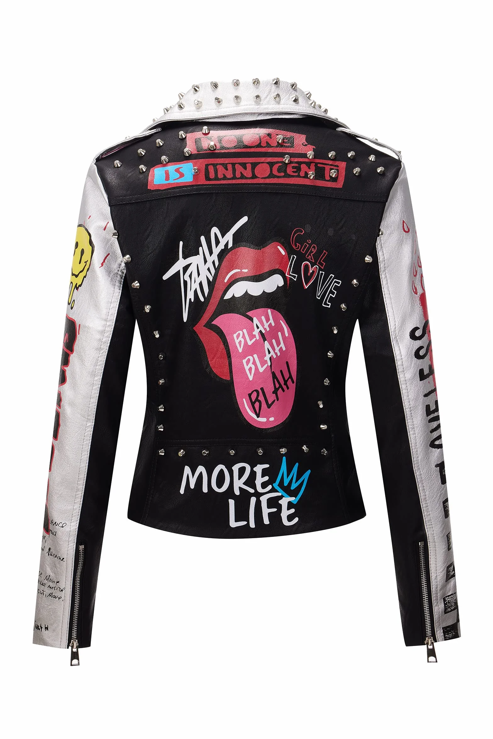 RISISSIDA Damska kurtka ze sztucznej skóry z ćwiekami i nitami, wiosenno-jesienna, do bioder, modna, motocyklowa, streetwear, z paskiem