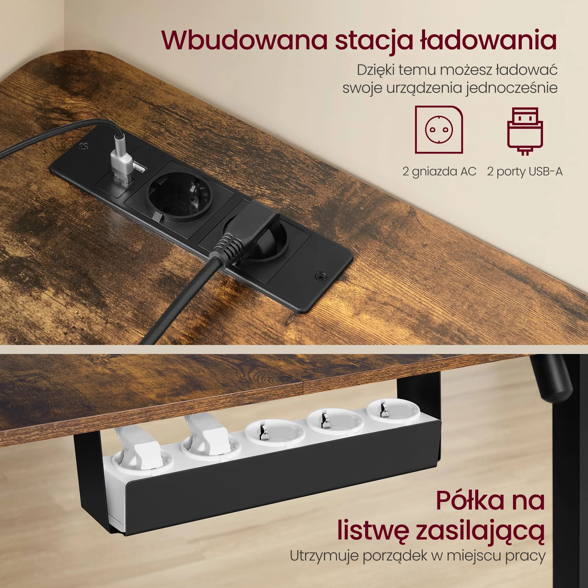 VASAGLE Biurko narożne z regulacją wysokości 190x155 cm 2 gniazda AC 2 porty USB-A rustykalny brązowy
