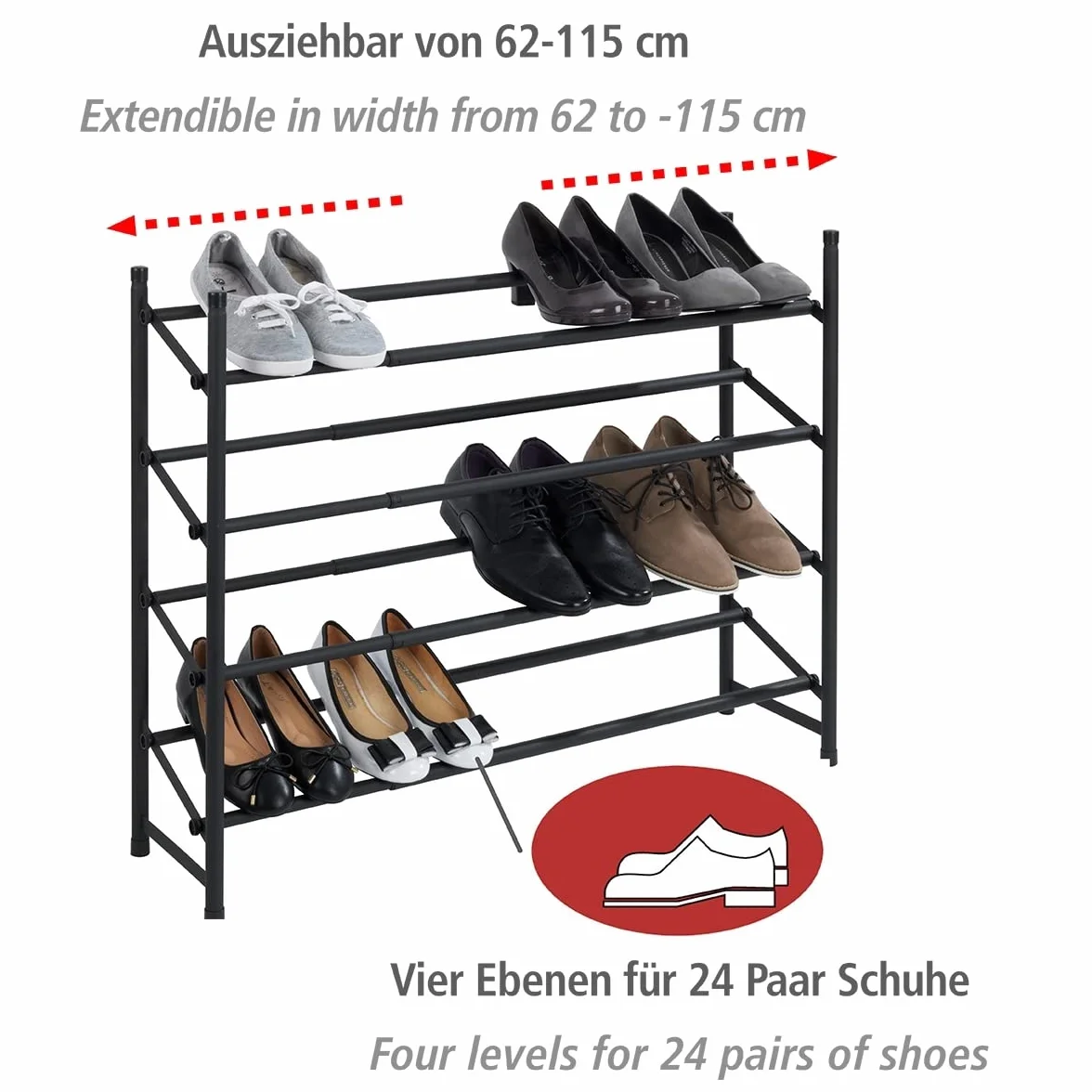 WENKO Hero antypoślizgowy regał na buty wysuwany 24 pary 62-115 x 68 x 23 cm czarny matowy