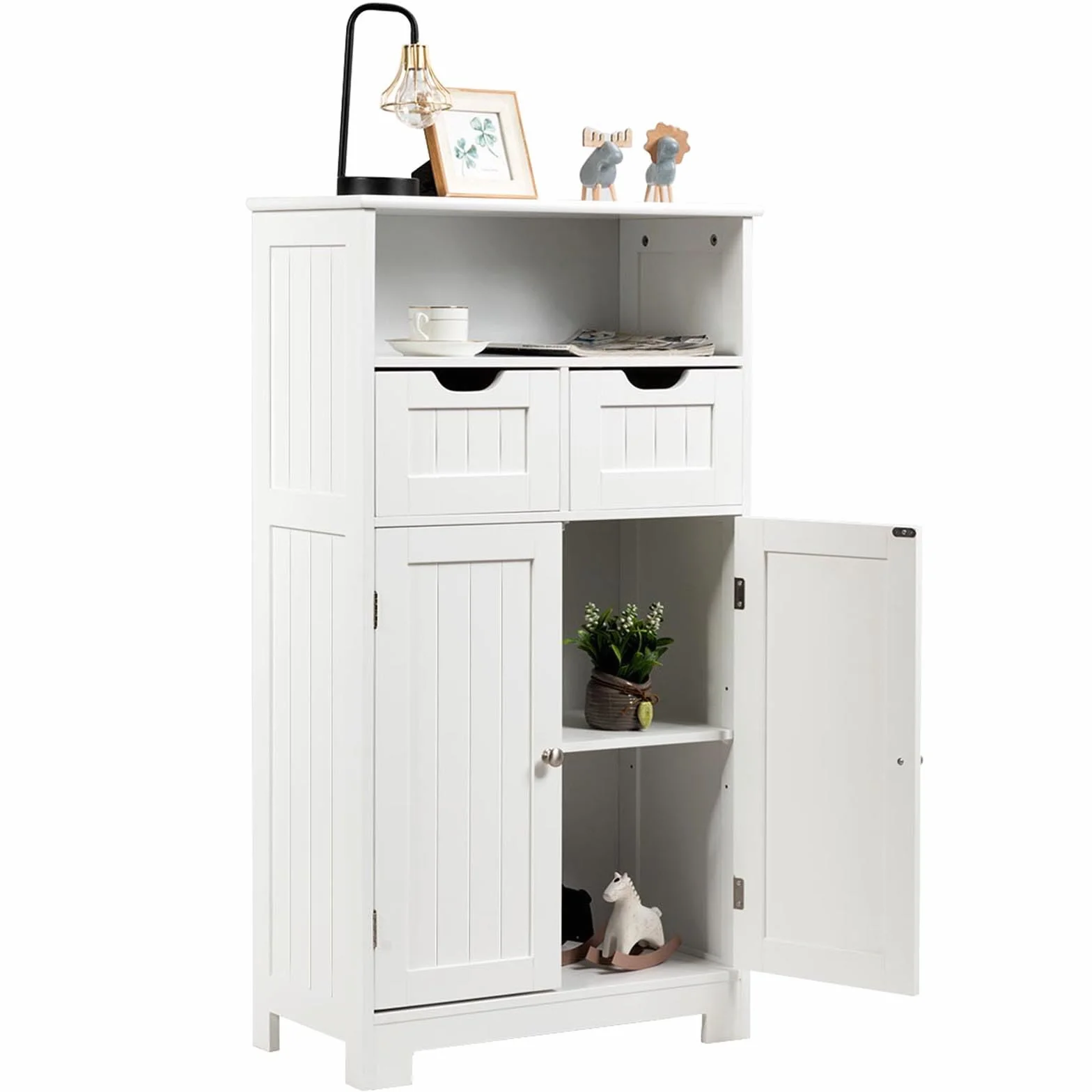 KOMFOTTEU Szafka łazienkowa 2 szuflady 2 szafki drzwiowe 60x30x109 cm MDF wolnostojąca biała