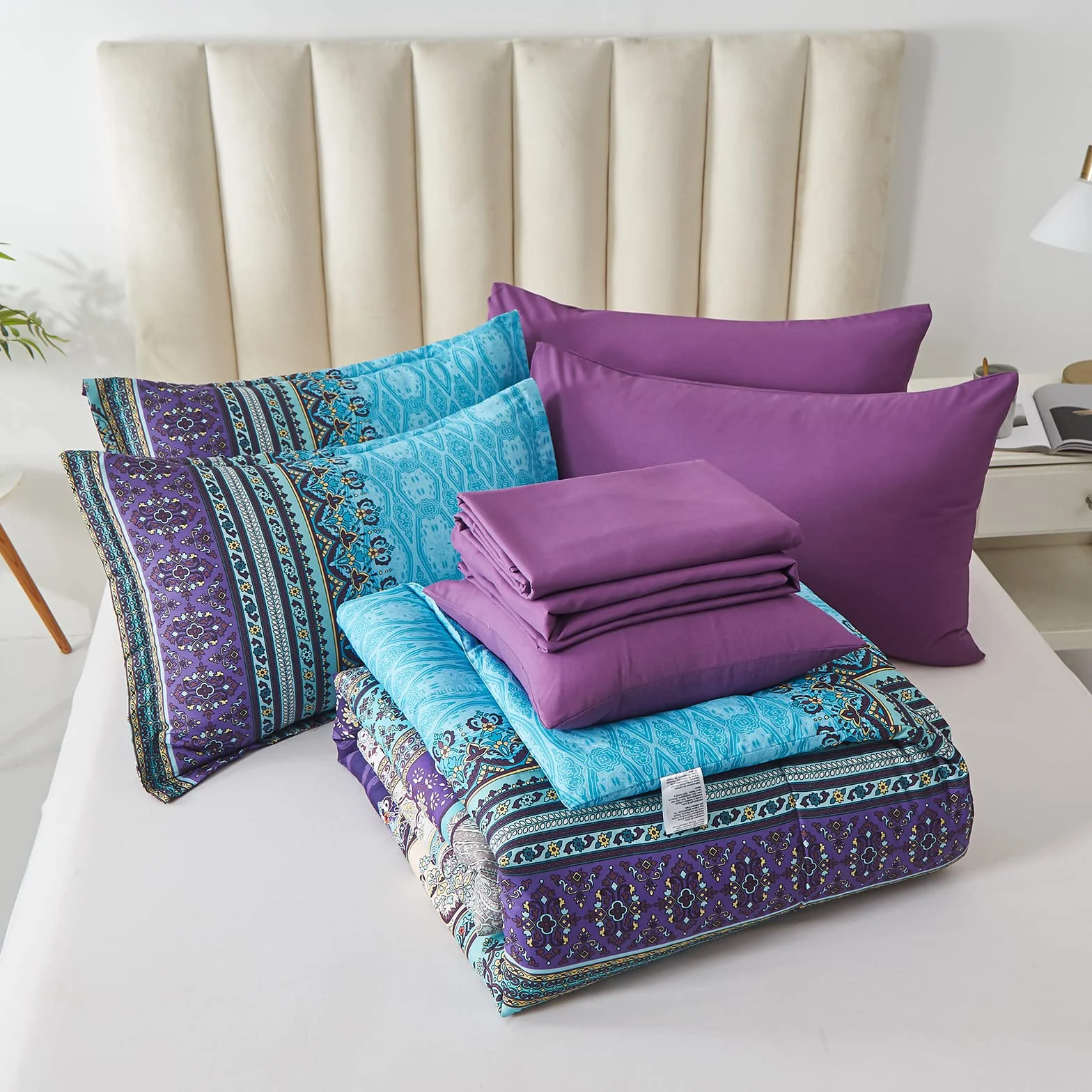 Zestaw pościeli Boho 8-częściowy king-size Aqua Paisley mikrofibra