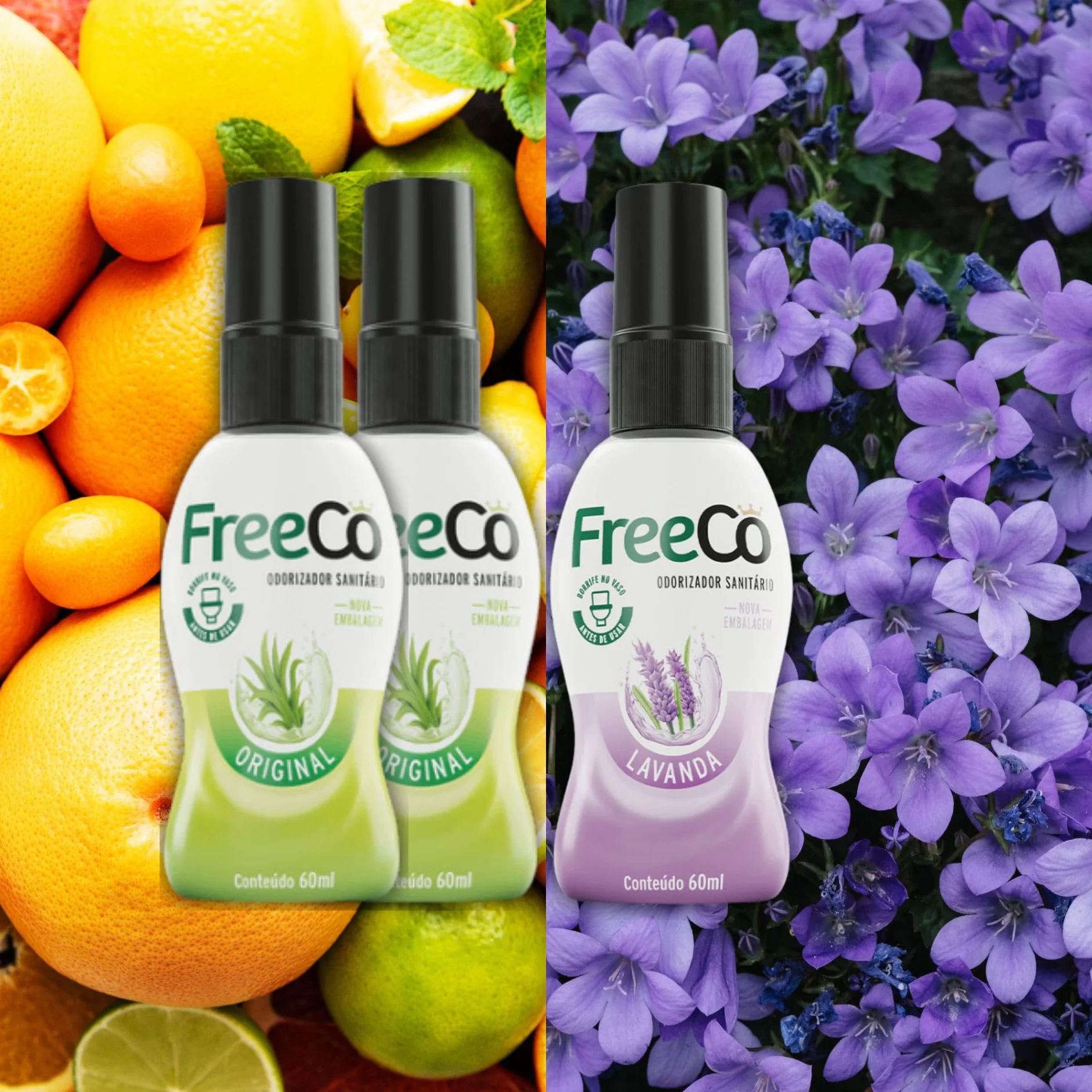 Freeco Spray do WC Blokuje zapach Olejki Eteryczne Zestaw 3x60ml Cytrusowy Lawendowy
