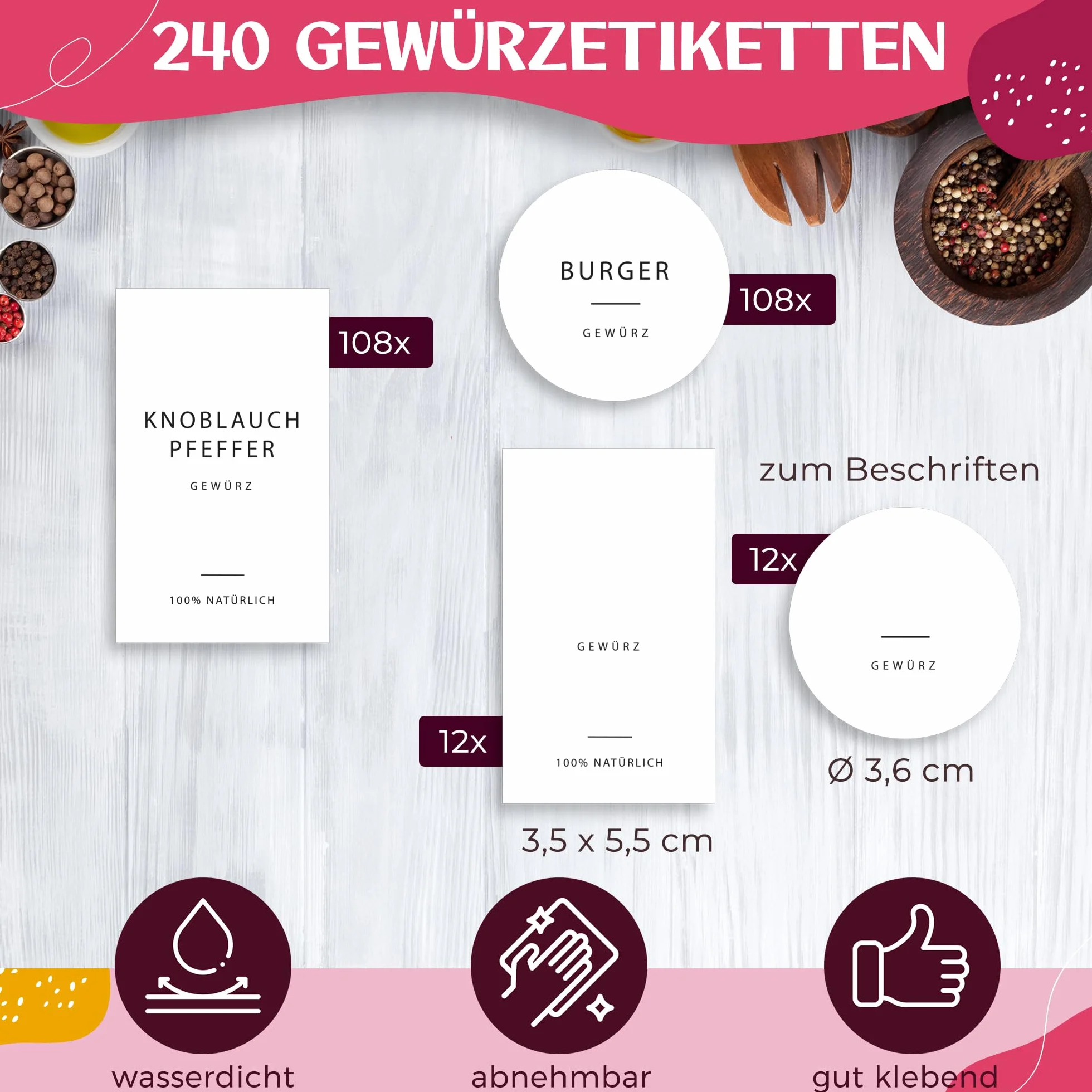 Etykiety na przyprawy wodoodporne samoprzylepne białe okrągłe i kwadratowe naklejki na słoiki zaprojektowane w Niemczech