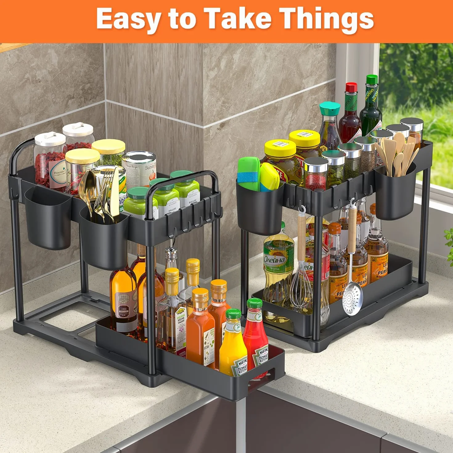 CompraFun Organizer pod zlewem 2 poziomy, przesuwany organizer pod zlew kuchenny z 4 haczykami i 2 wiszącym koszem, wyjmowana półka do przechowywania pod zlewem kuchnia, łazienka