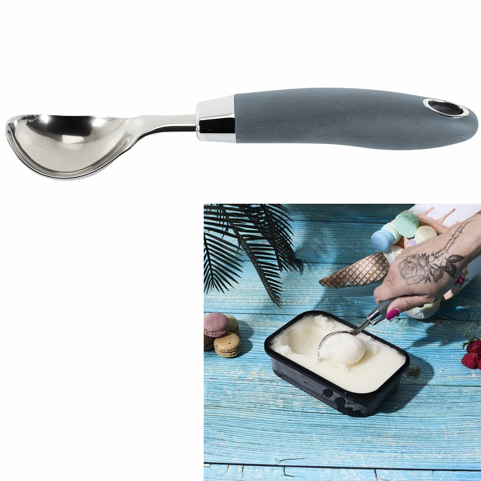 LILY COOK, KP0061, Ergonomiczna łyżka do lodów ze stali nierdzewnej, idealna do serwowania doskonałych kulek lodów, melona lub deserów, łatwa do czyszczenia, 215 cm, czarno-srebrna
