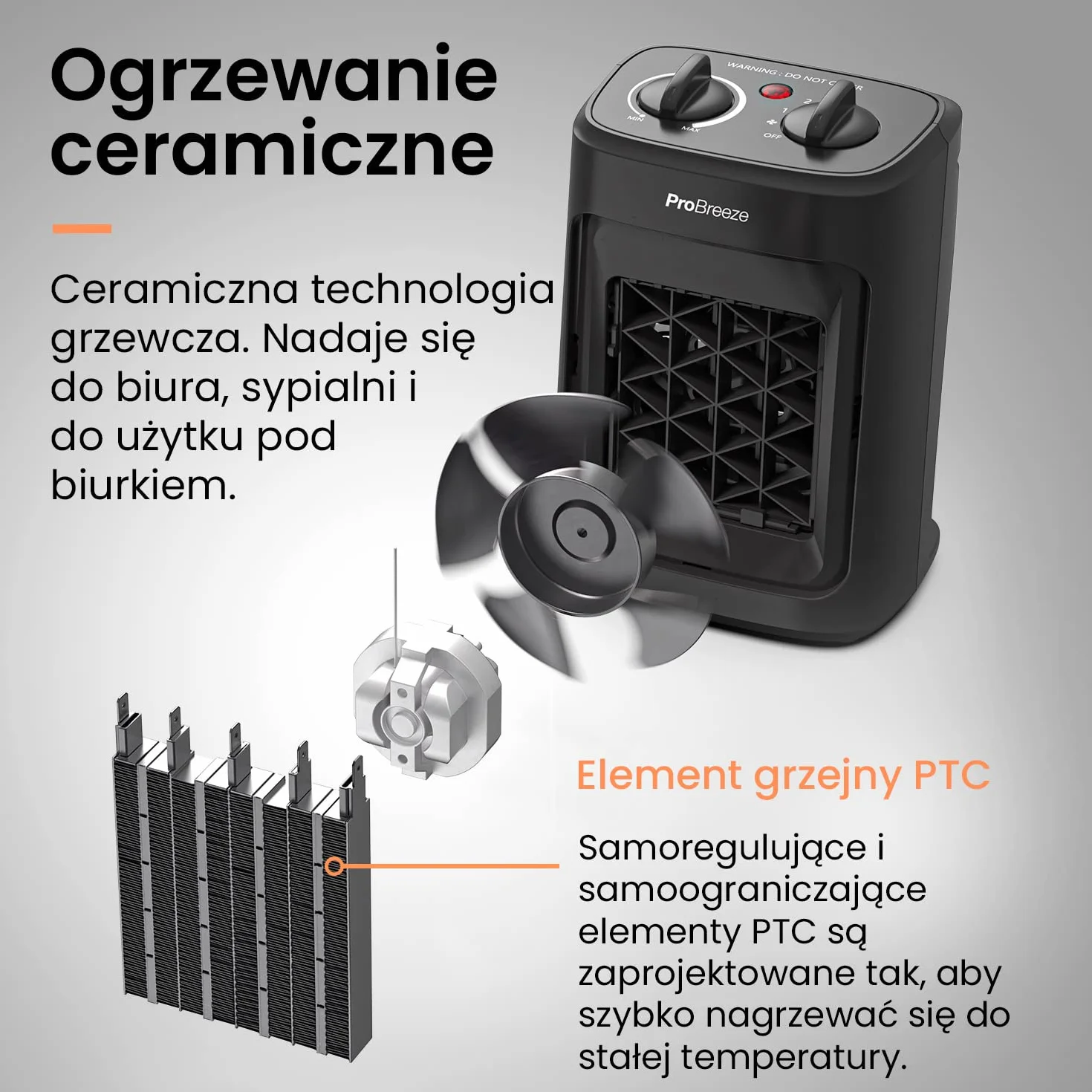 ProBreeze Grzejnik Ceramiczny 2000W Przenośny Termowentylator z Termostatem Czarny