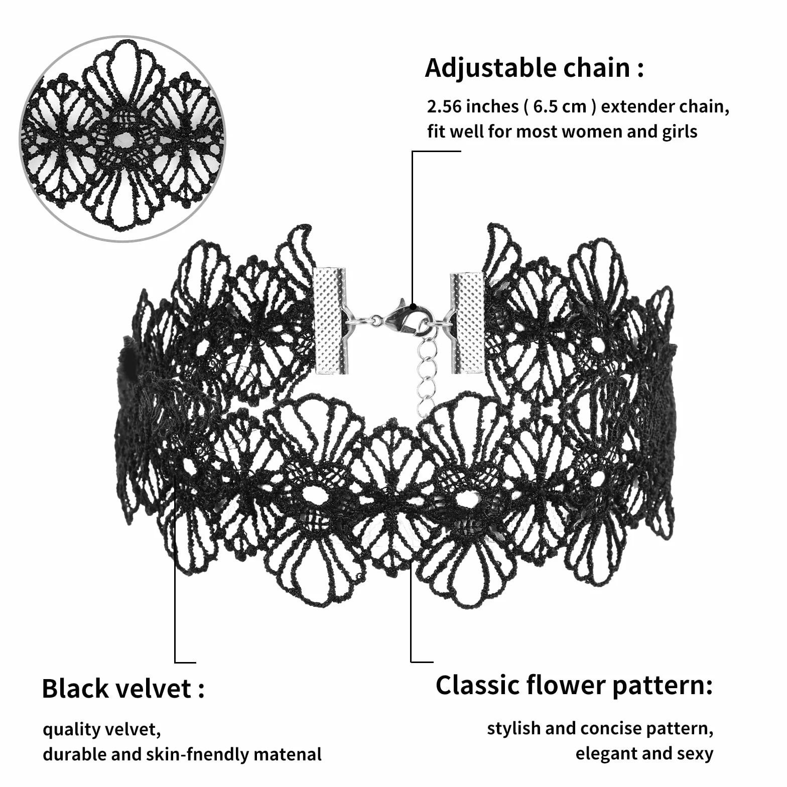 Yolev Czarne naszyjniki typu choker, rozciągliwe, czarne, koronkowe, dla kobiet i dziewcząt, jeden rozmiar, koronka, metal, bez kamieni szlachetnych