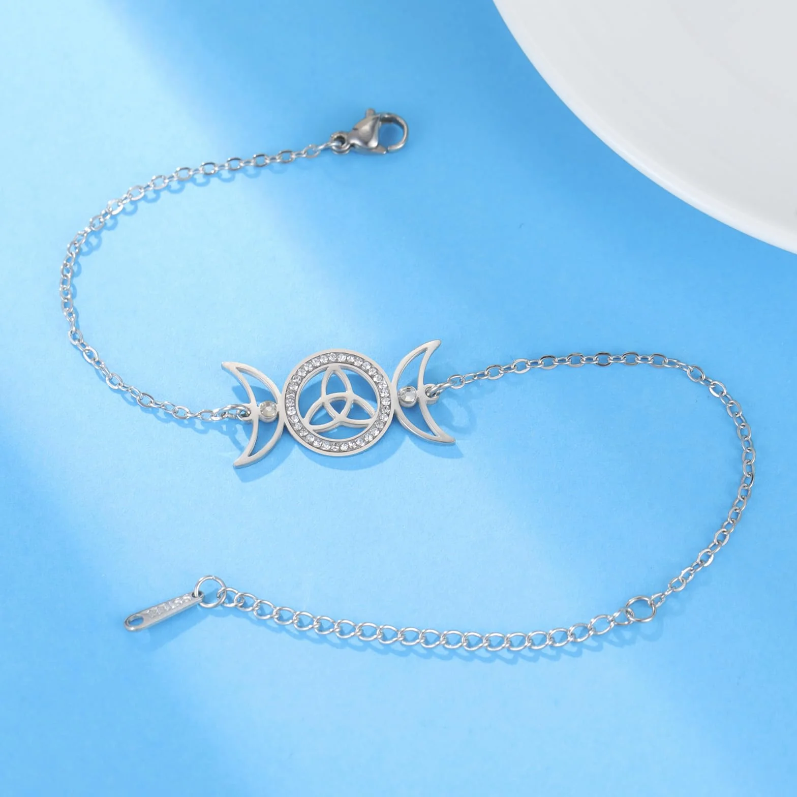 VASSAGO Potrójna bransoletka księżyca, stal nierdzewna, celtycki węzeł, charm, regulowana, warstwowa, wicca, amulet, irlandzka biżuteria dla kobiet
