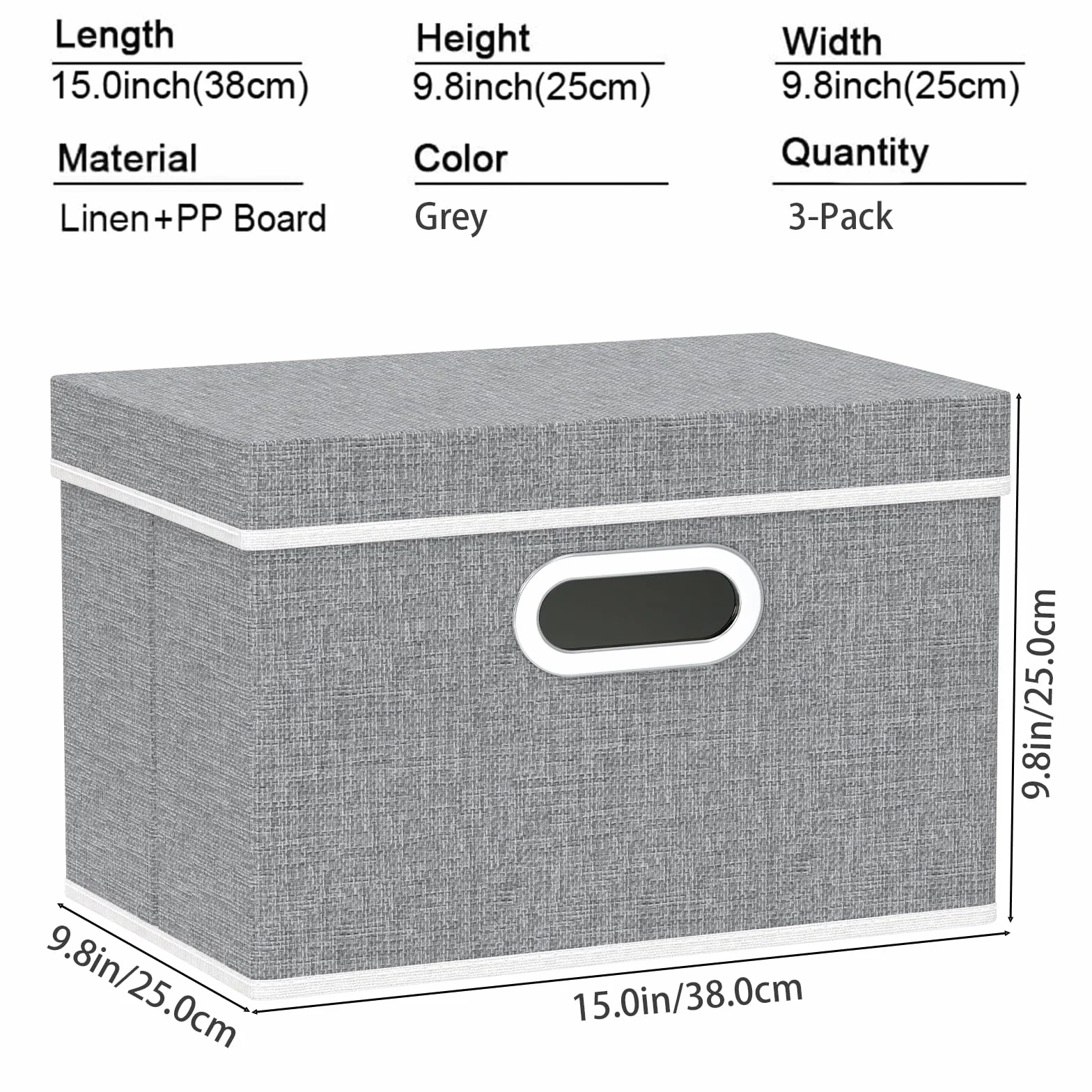 Pudełka do Przechowywania z Pokrywką Składane Tkaniny Zmywalne 38x25x25cm Szary 3-Pack