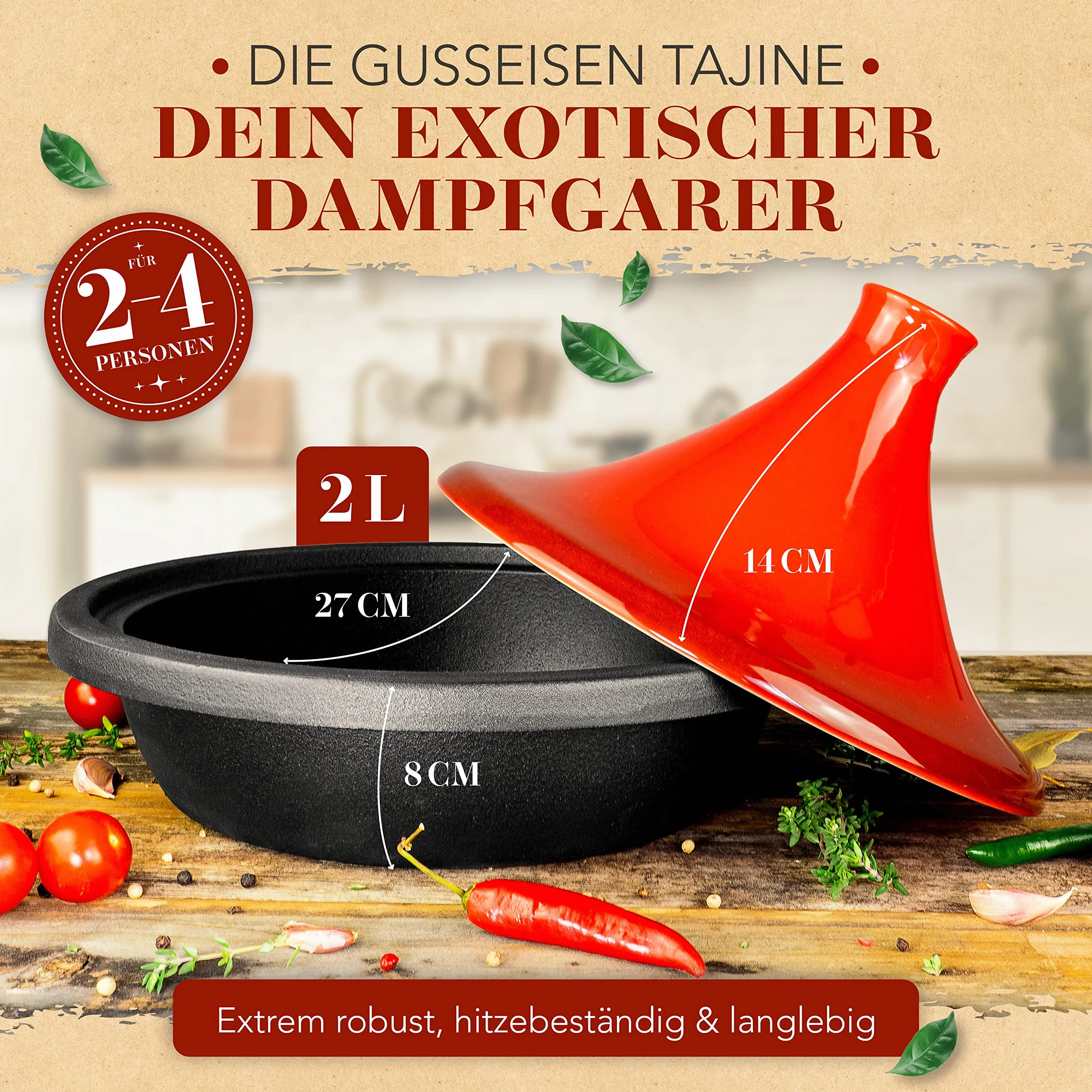 KRUSTENZAUBER Żeliwny Tagine Garnek dla 2-4 Osób do Indukcji i Piekarnika