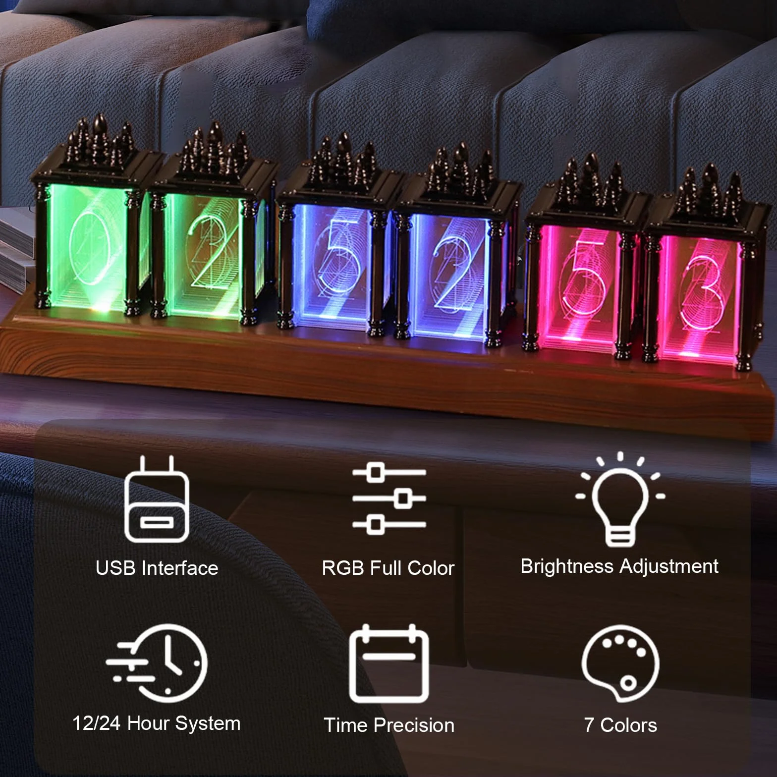 LIROPAU Nixie zegar lampowy z diodami LED RGB, funkcja pamięci wyłączania, data i godzina DIY, wiele trybów, przełącznik 12/24 godzin, zasilanie USB, do dekoracji prezentów