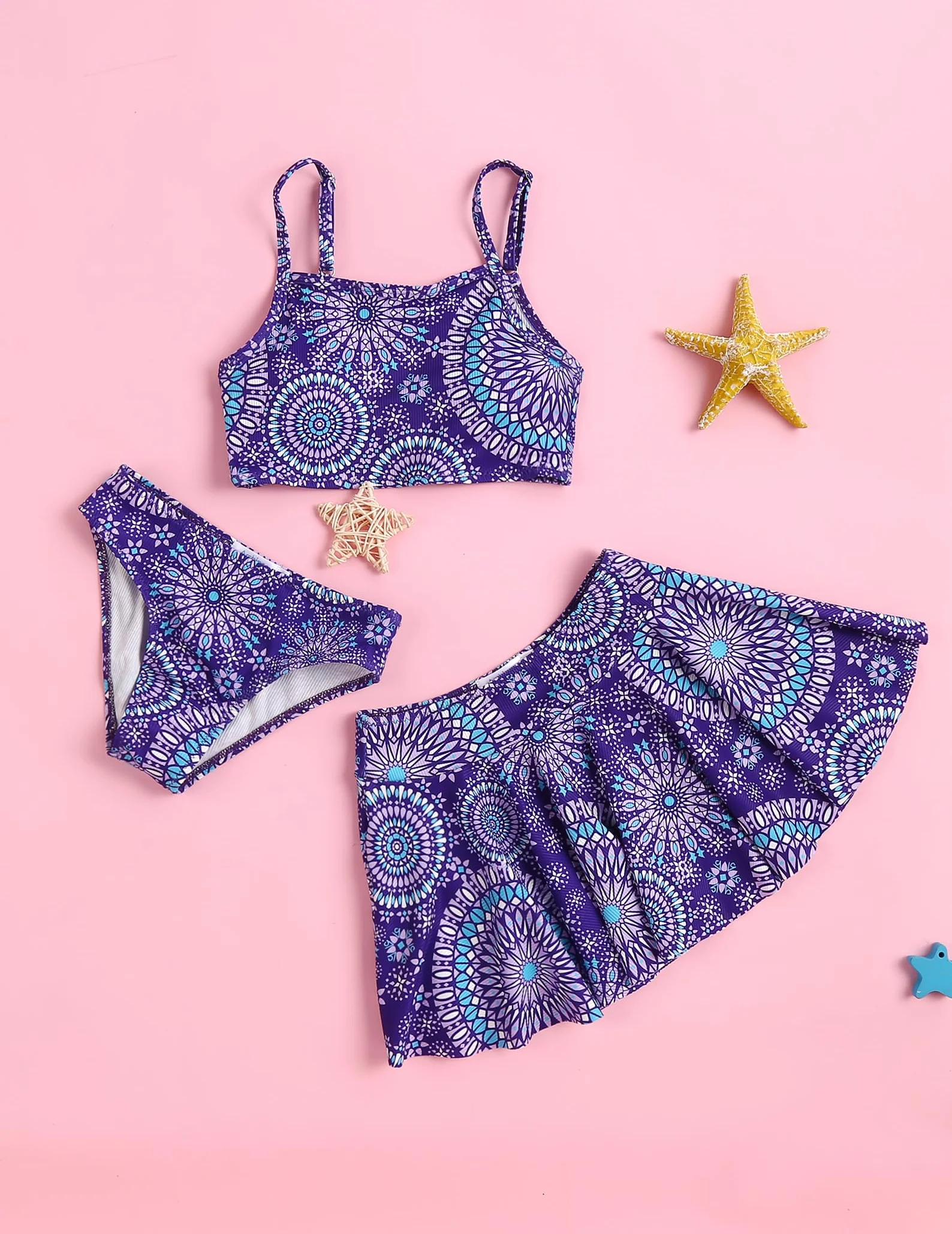 Arshiner Dziewczęce bikini zestaw 3-częściowy, letnie stroje kąpielowe dla dzieci, trójczęściowy, tankini ze spódnicą, nadruk kwiatowy, moda kąpielowa bikini dla dziewczynek w wieku 5-15 lat
