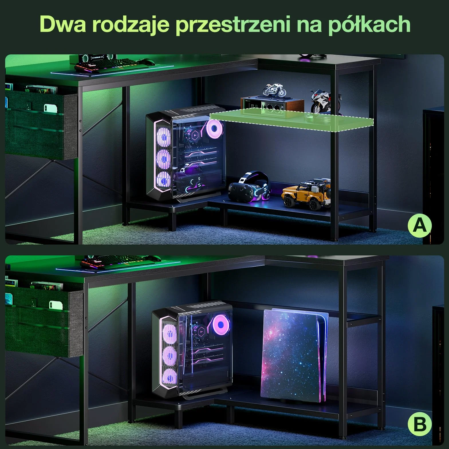 Coleshome Biurko Gamingowe LED 120x80cm Odwracalne Narożne z Półkami Stół Komputerowy Kształt L 2 Porty USB 2 Gniazdka Podstawka pod Monitor Czarny