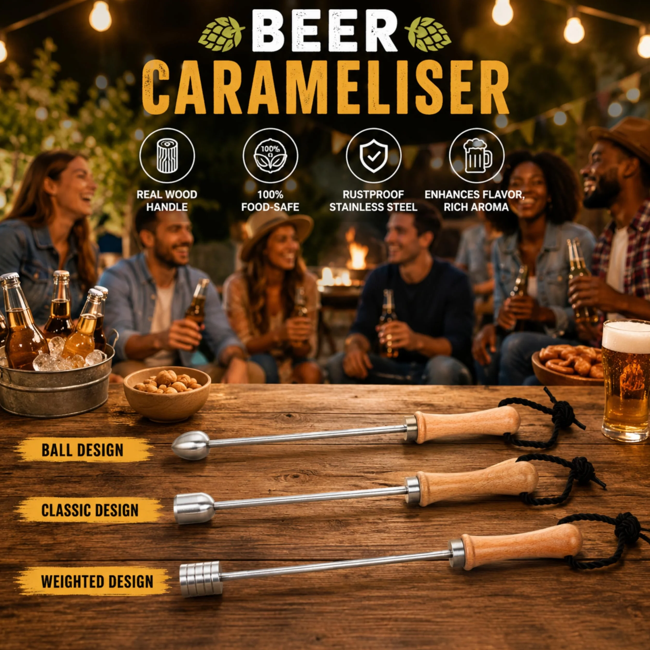 Bierstachel Beerspike Beer Caramelizer karmelizator piwa, podgrzewacz z drewnianą rączką, stal nierdzewna