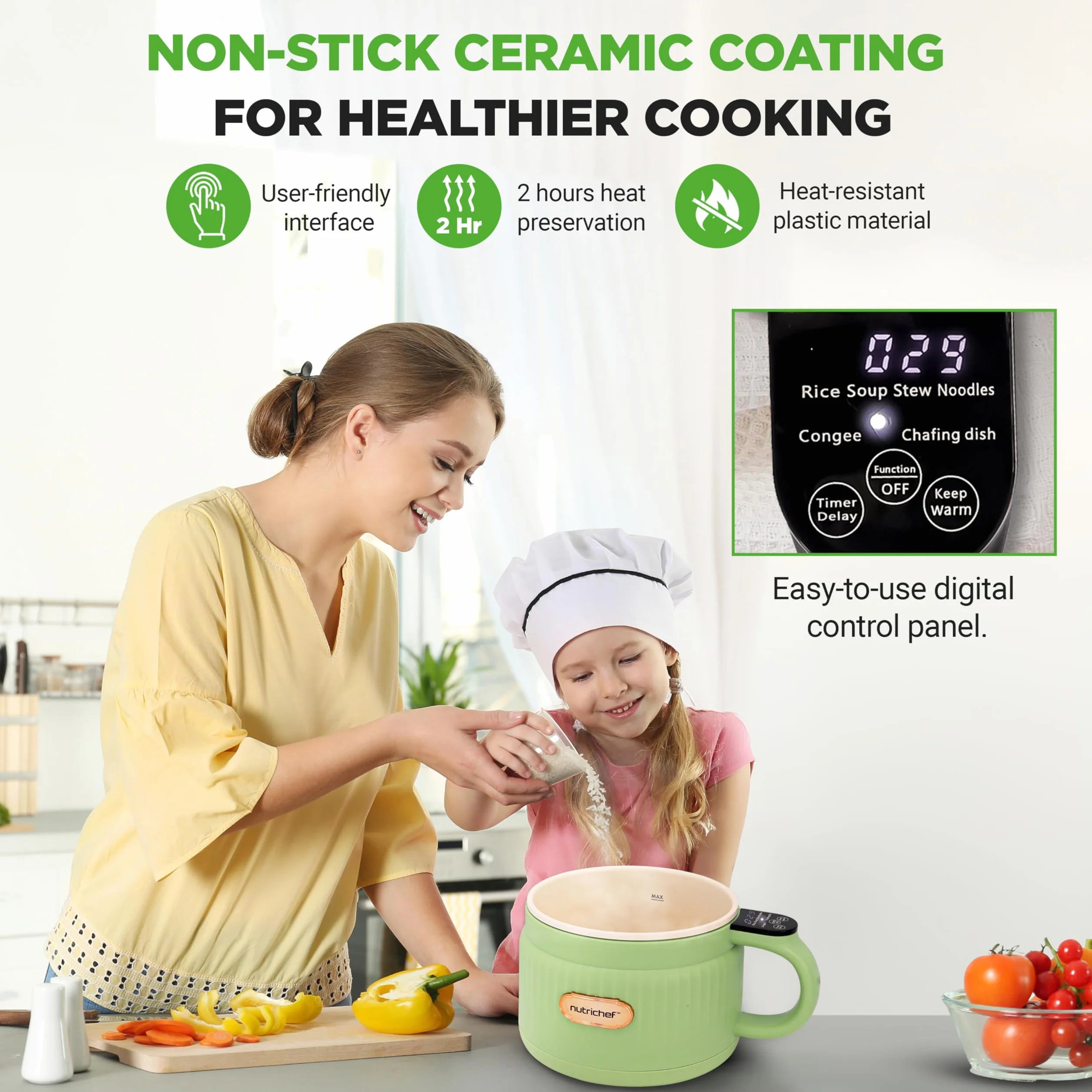 NutriChef 1.6 QT Elektryczny Garnek Do Ryżu Wielofunkcyjny Ceramika Antypoślizgowa Panel Cyfrowy 6 Funkcji Gotowania Zielony