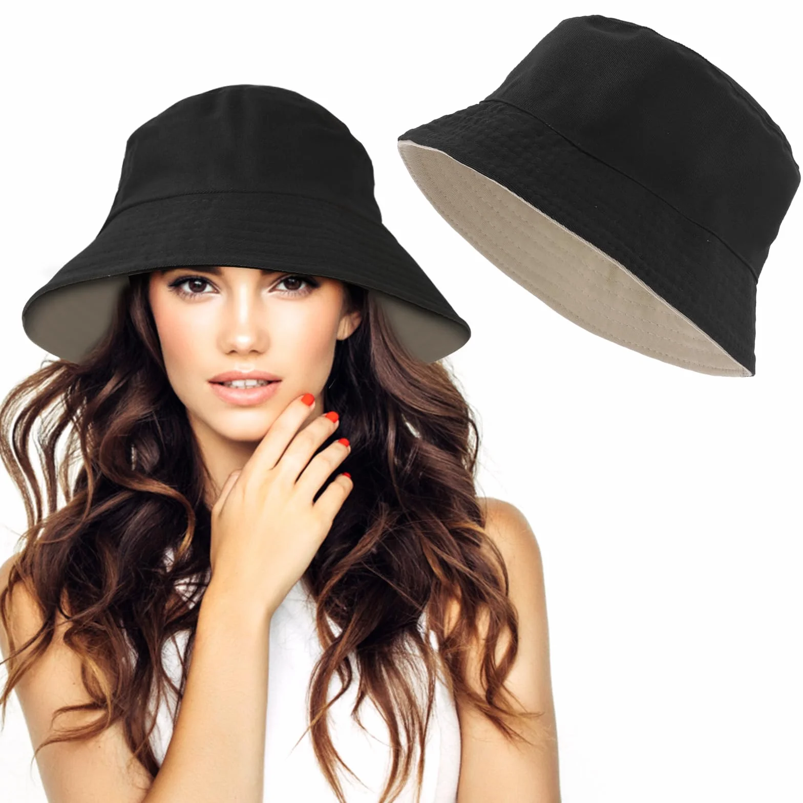 WLLHYF Kapelusz typu bucket odwracalny, dwukolorowy bawełniany kapelusz typu bucket składany kapelusz przeciwsłoneczny, Czarny/Khaki, rozmiar uniwersalny