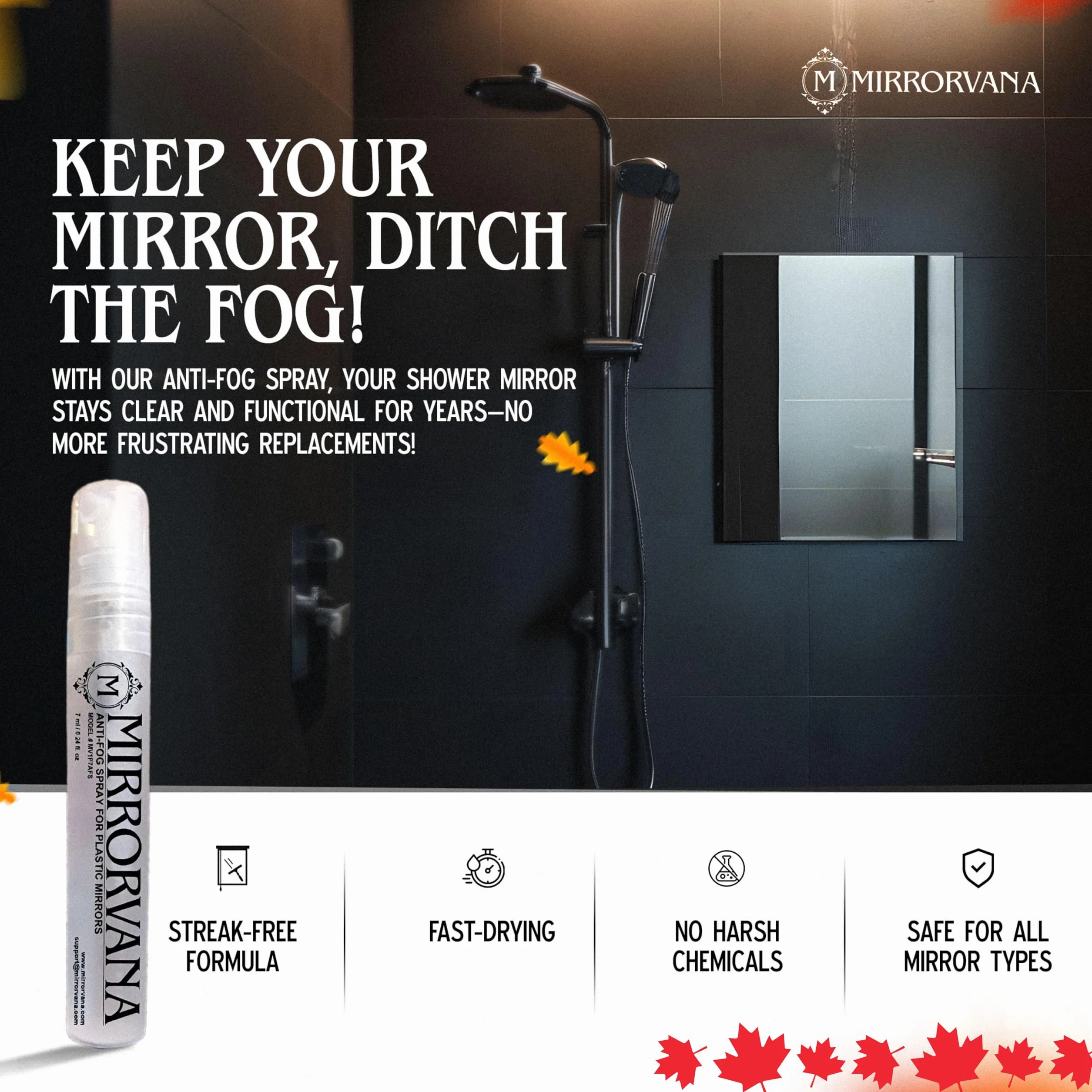 MIRRORVANA Spray przeciwmgielny do lusterka prysznicowego (1 butelka) - utrzymuje wolne od mgły lustro łazienkowe dla mężczyzn i kobiet, długotrwała ochrona przed zaparowaniem dla krystalicznie