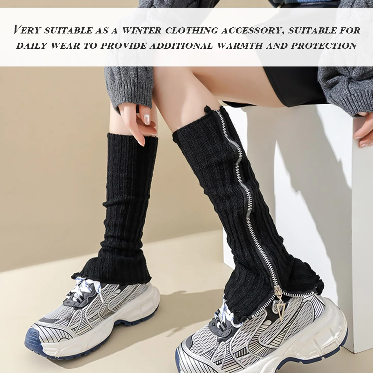 1 para czarnych getrów, długie getry, dzianinowe ocieplacze na nogi, akcesoria odzieżowe, ciepłe ocieplacze na nogi, zimowe ocieplacze na nogi dla kobiet, czarne, M