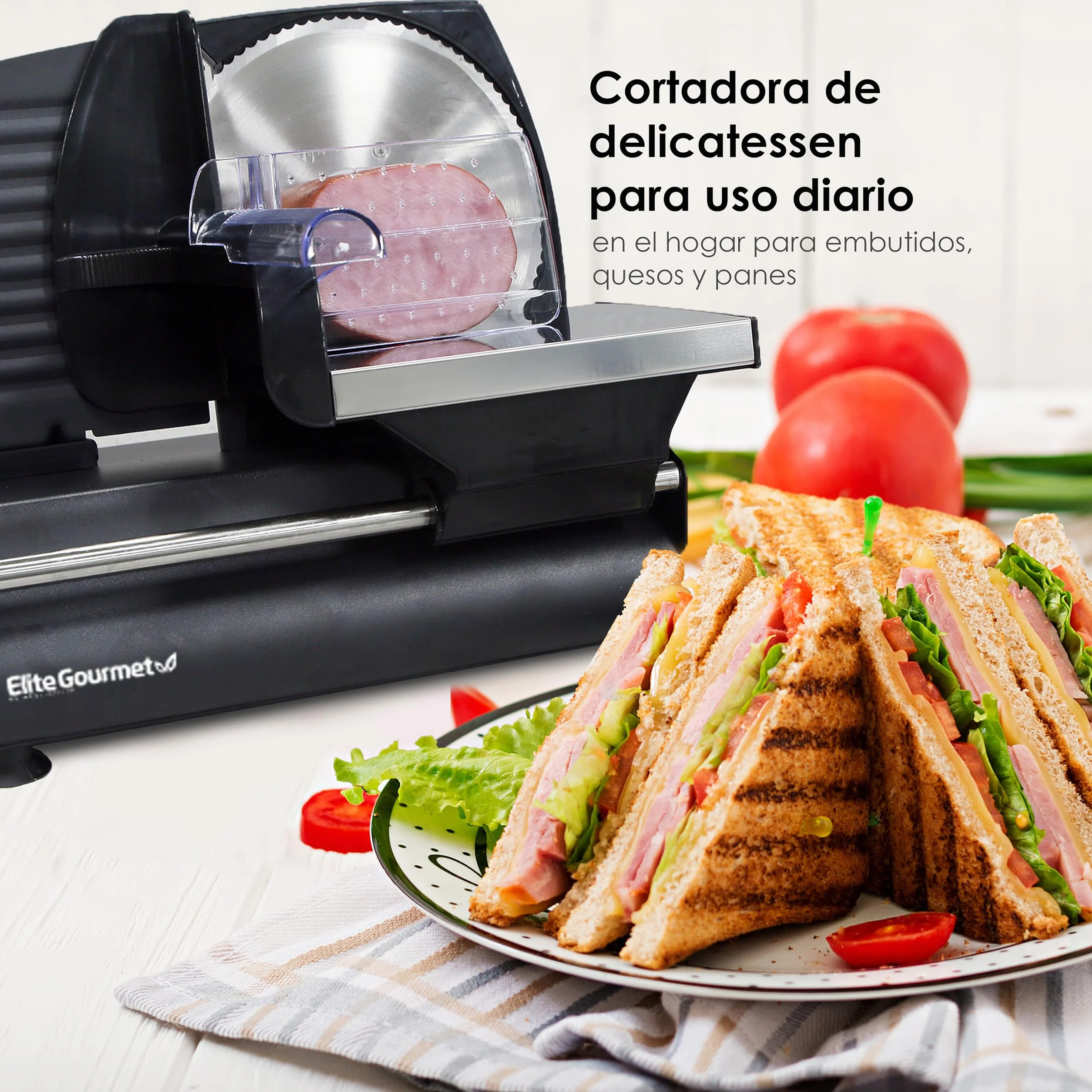 Elite Gourmet EMT-625B Ultimate Precision Electric Deli Food Meat Slicer, zdejmowane ostrze ze stali nierdzewnej, regulowana grubość, idealna do wędlin, twardych serów, warzyw i chleba, 18 cm, czarna