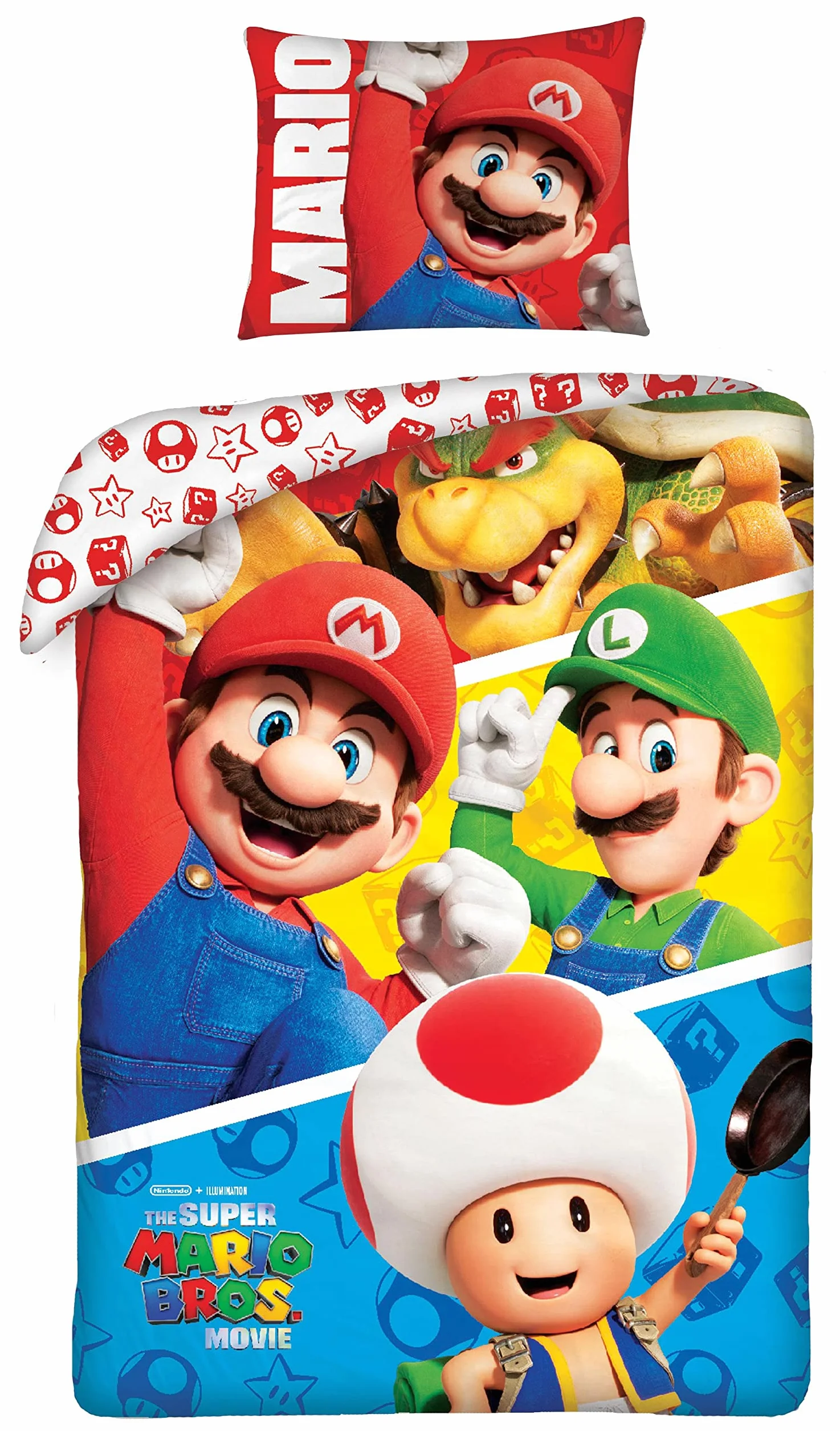 Zestaw pościeli SUPER MARIO BROS THE MOVIE - 4 postacie Mario Luigi Toad Bowser - poszwa na kołdrę 140 x 200 cm z poszewką na poduszkę 70 x 90 cm - 100% bawełna wielokolorowa